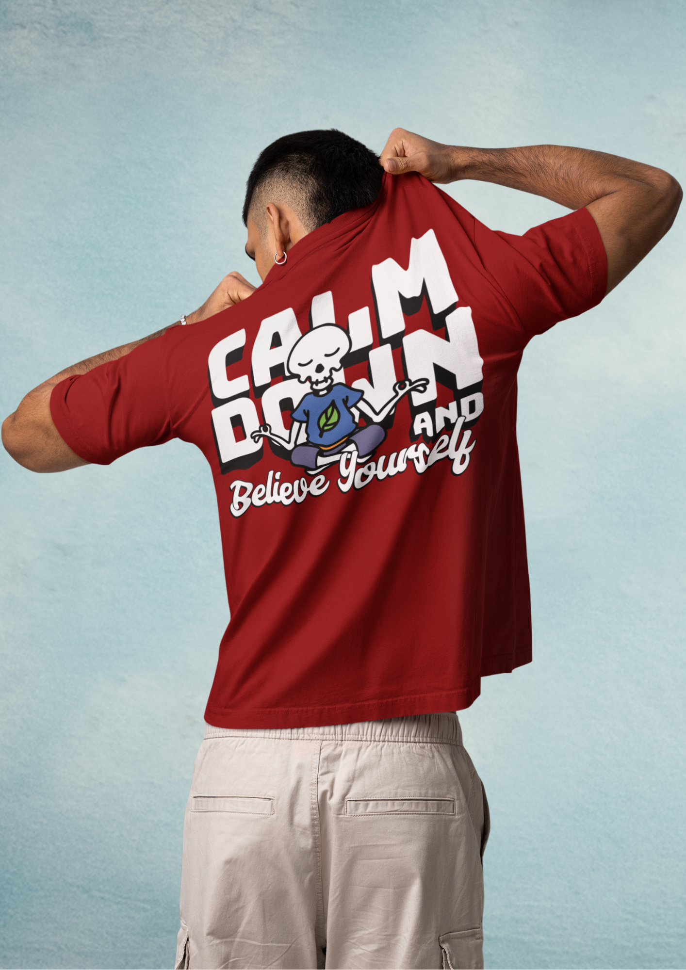Red Calm Down Oversized Printed T-Shirt