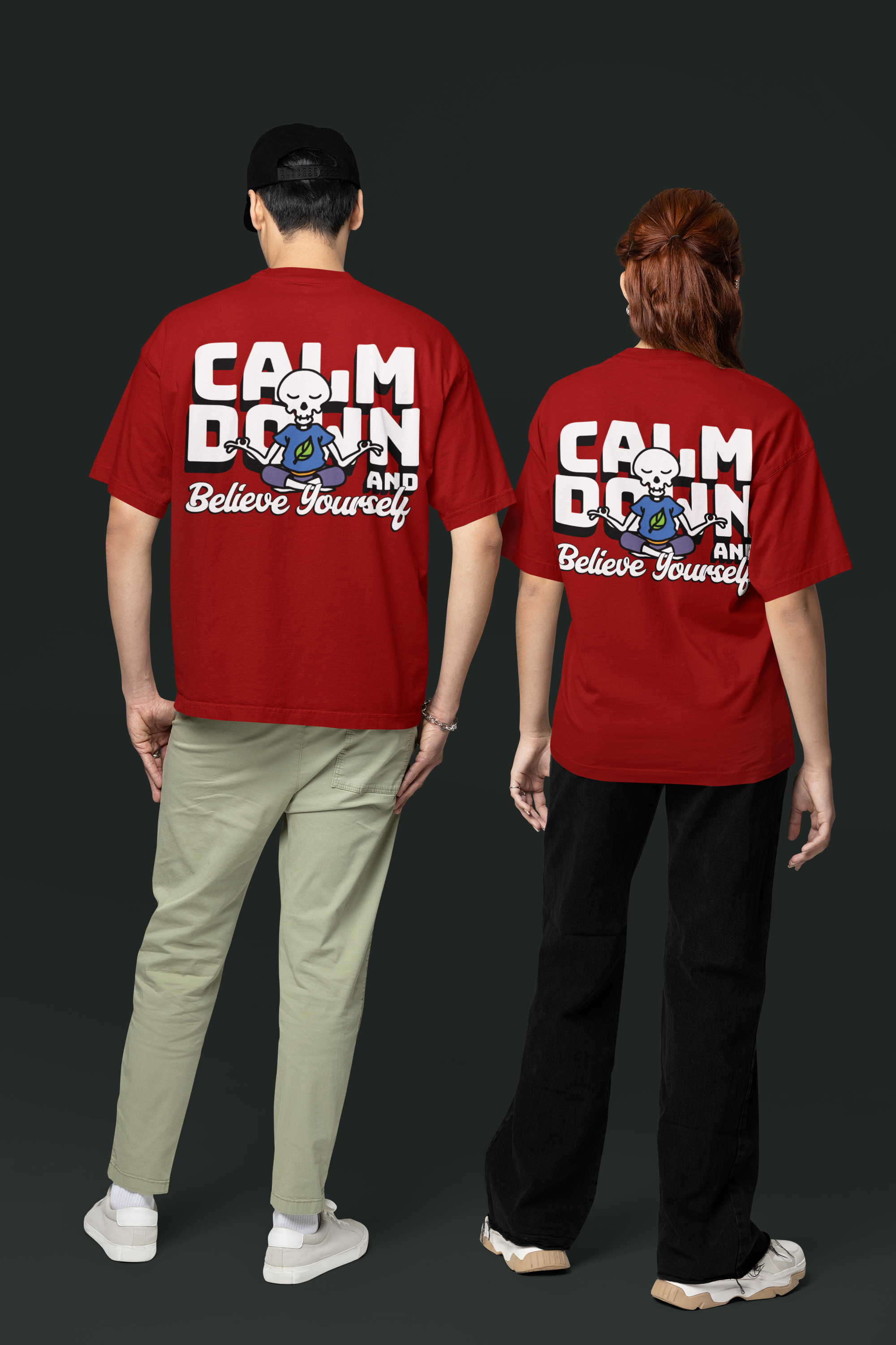 Red Calm Down Oversized Printed T-Shirt