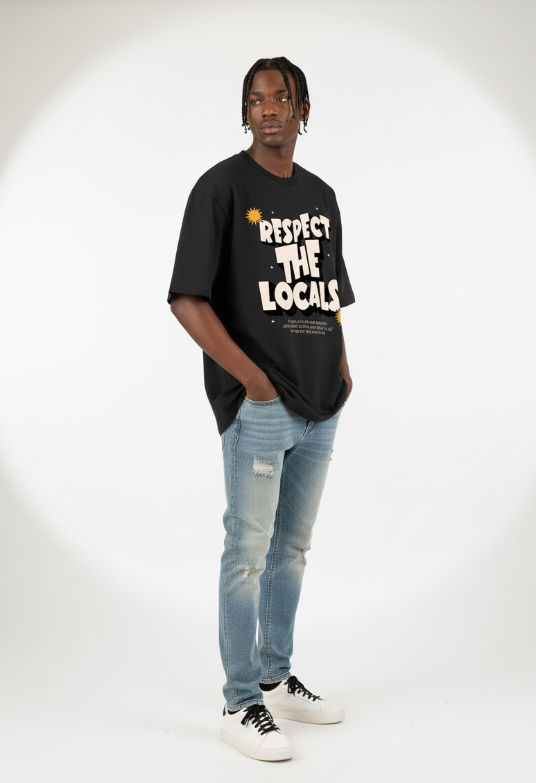 Black Respect the Locals Oversized Typography T-Shirt