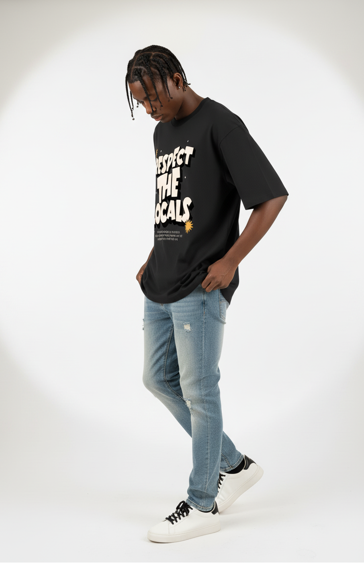 Black Respect the Locals Oversized Typography T-Shirt