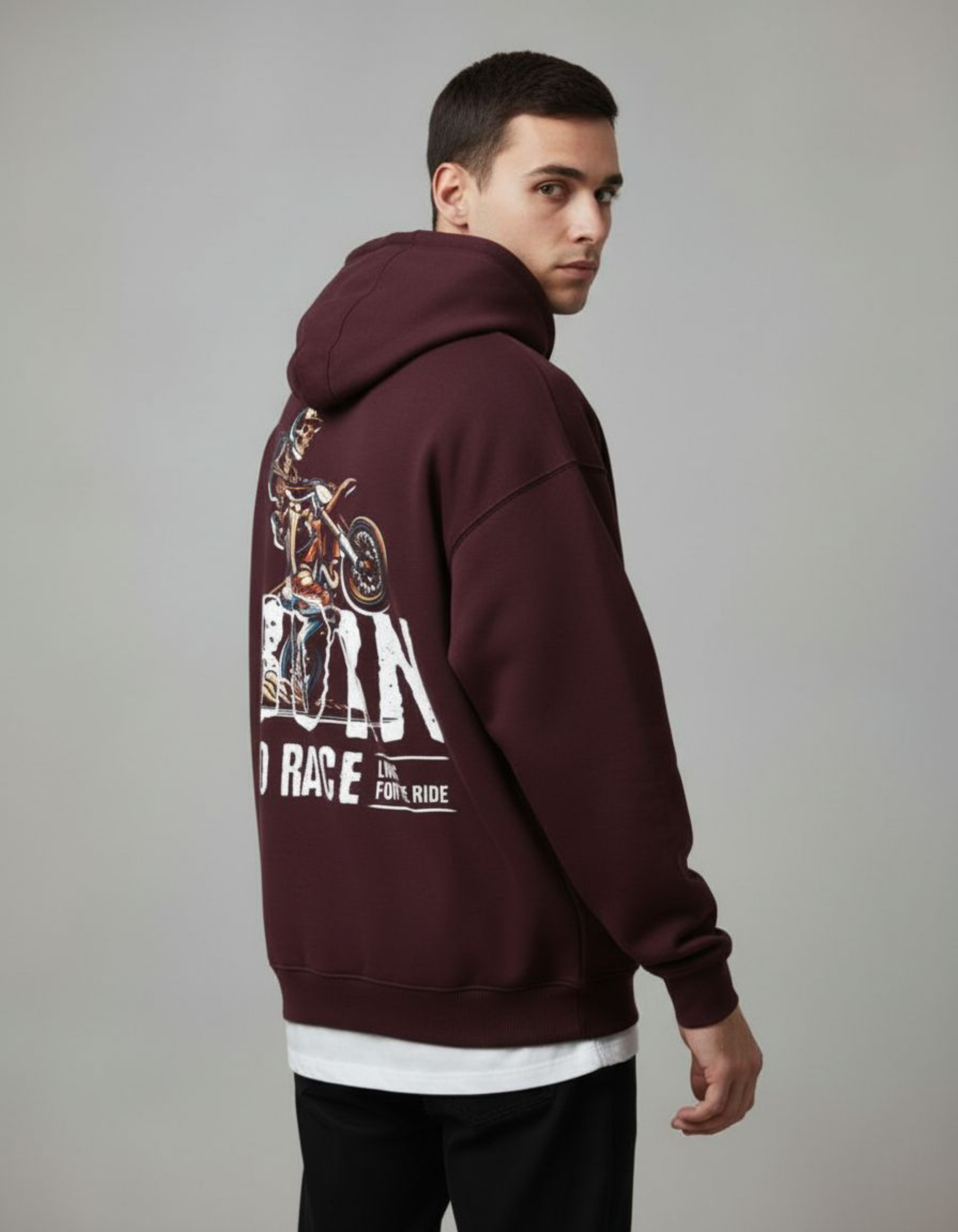Maroon Born to Race Printed Oversized Hoodie
