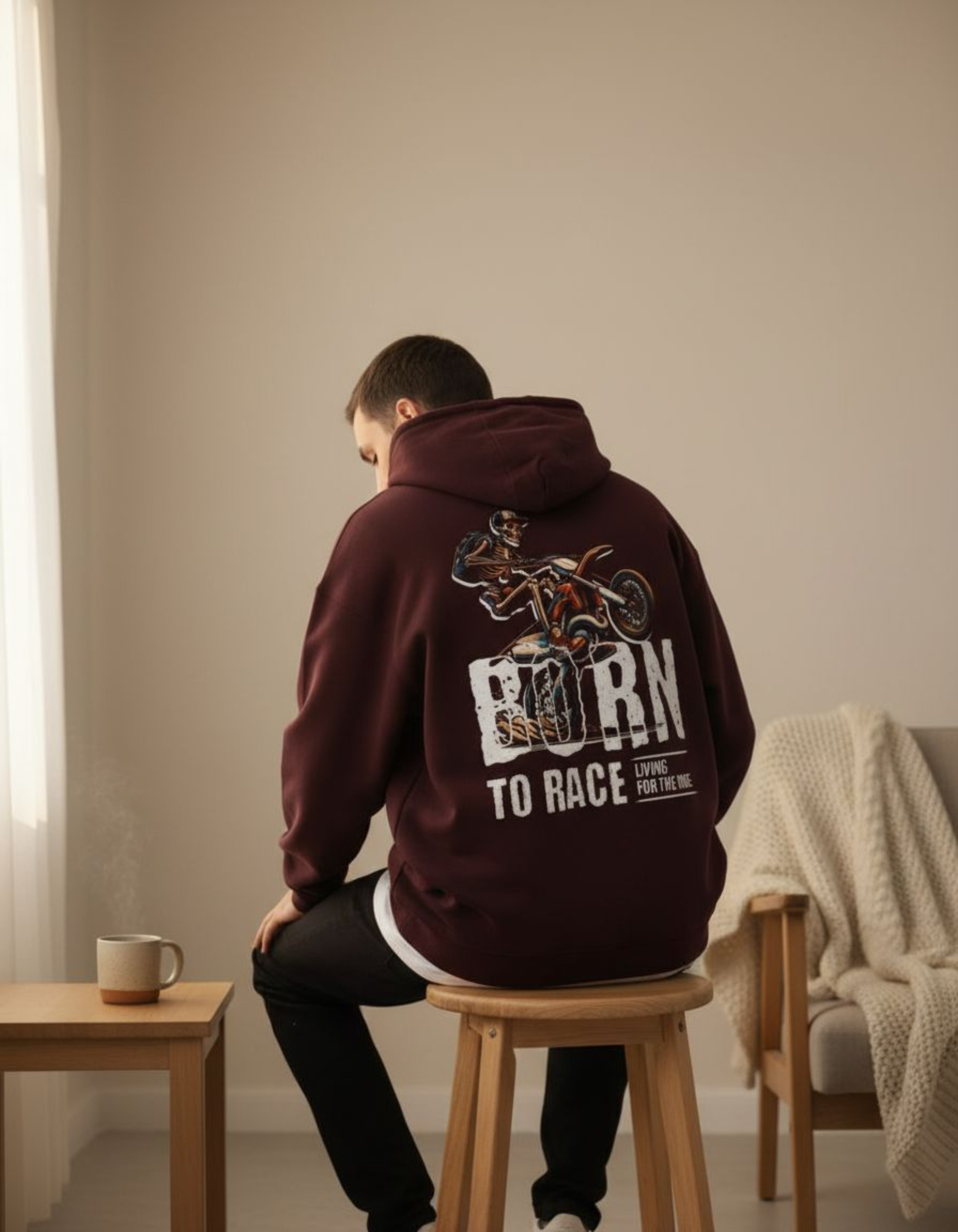 Maroon Born to Race Printed Oversized Hoodie