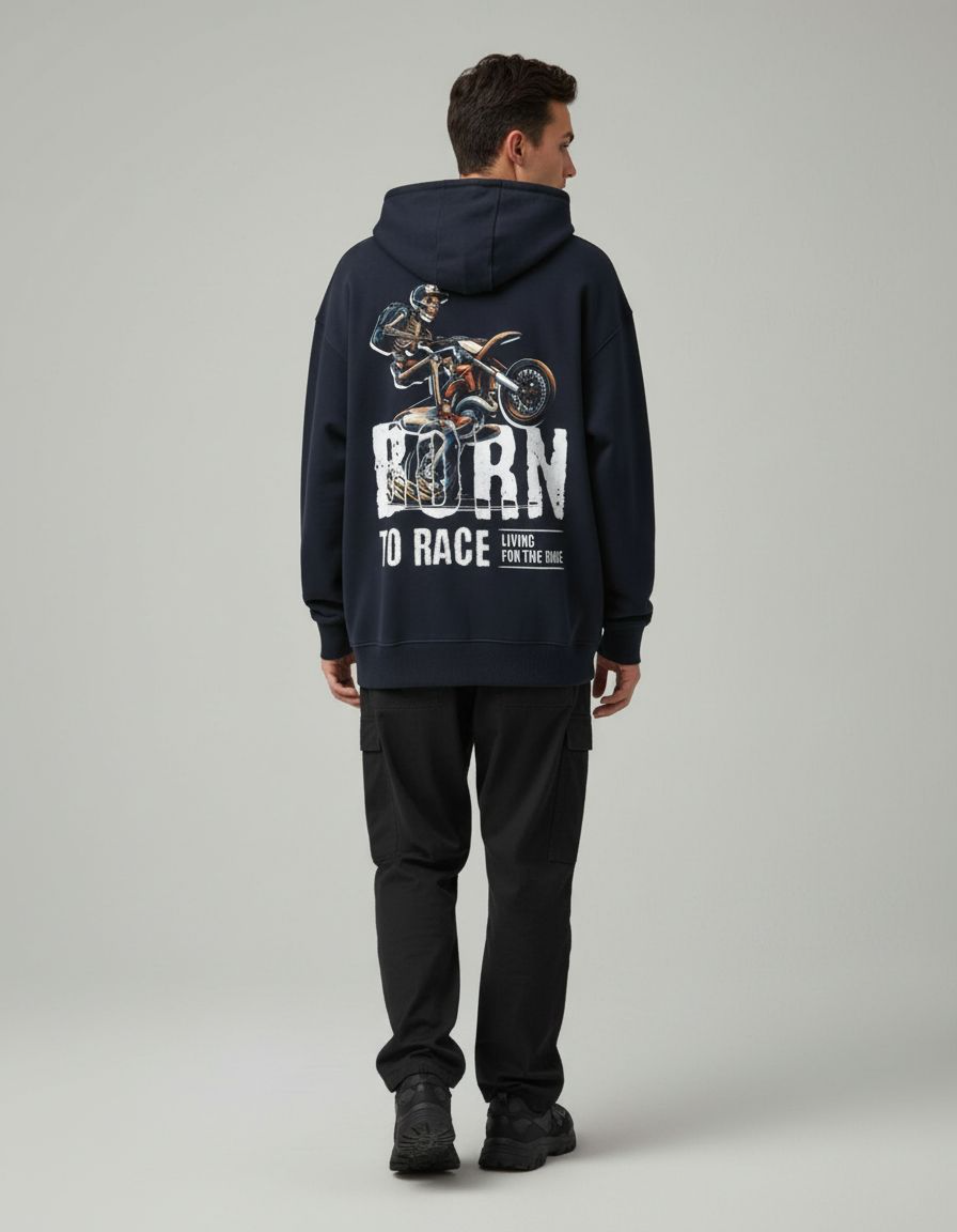 Navy Blue Born to Race Printed Oversized Hoodie