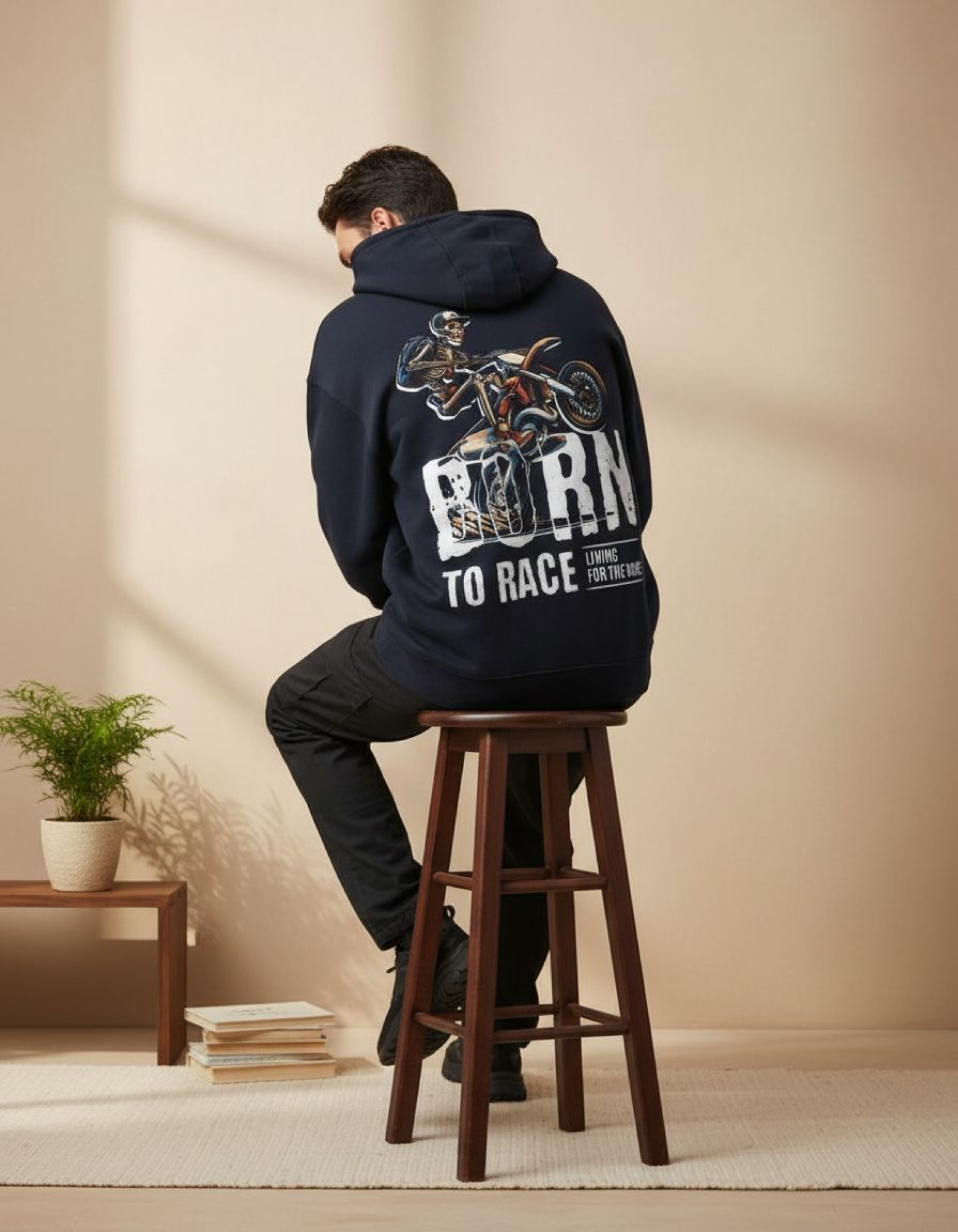 Navy Blue Born to Race Printed Oversized Hoodie