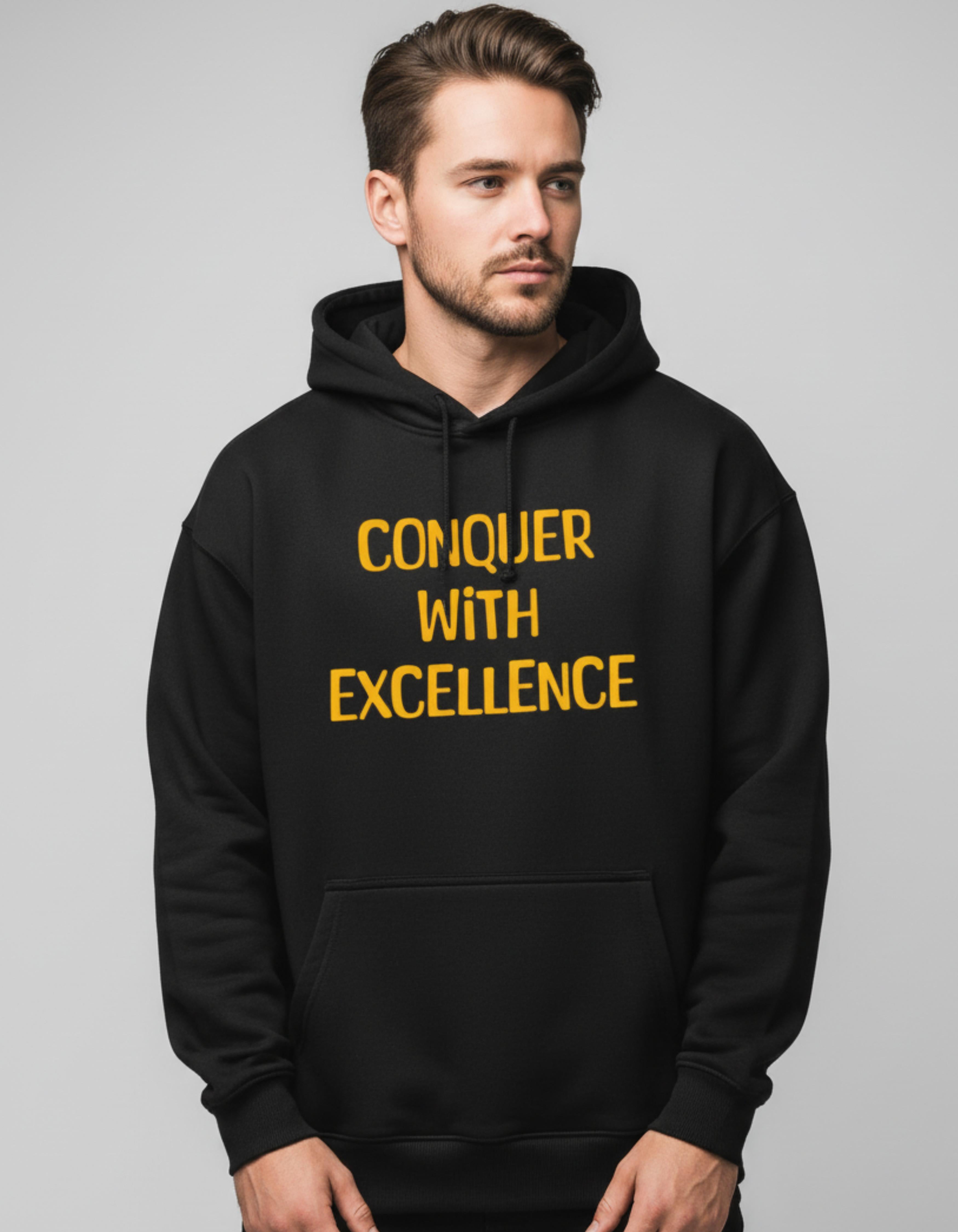 Black Conquer with Excellence Typography Oversized Hoodie