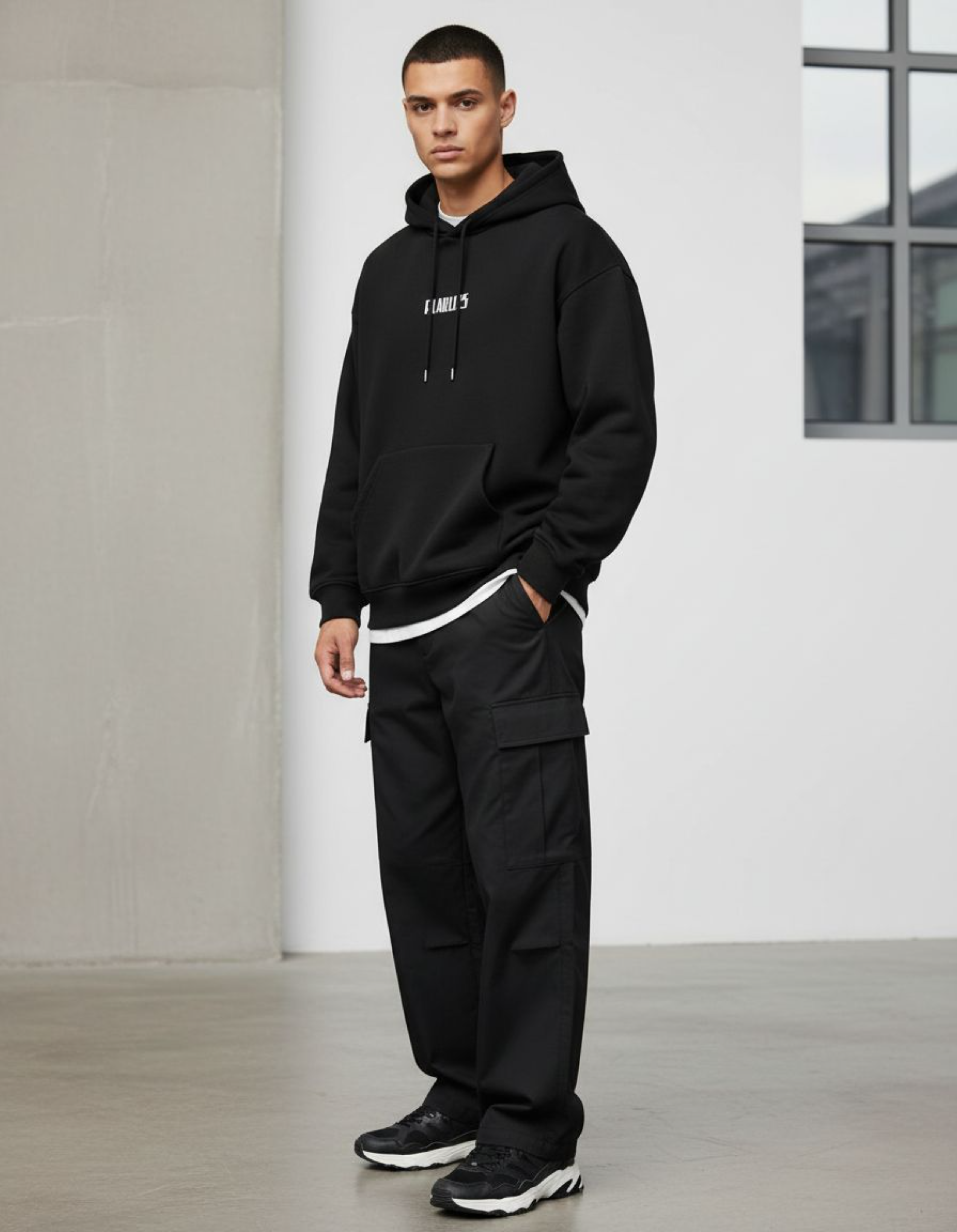 Black Fearless Embroidery Oversized Hoodie