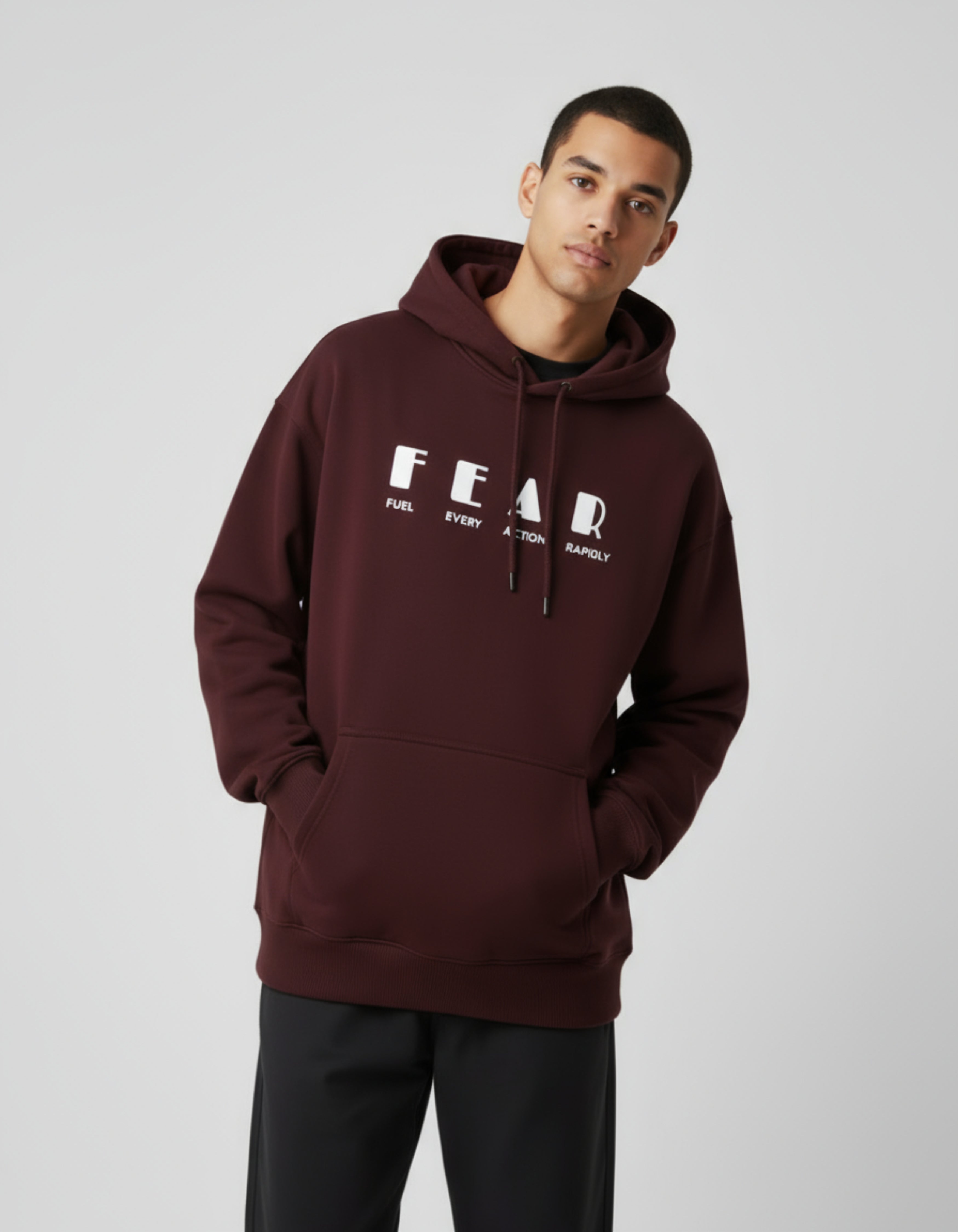Maroon Fear Typography Oversized Hoodie