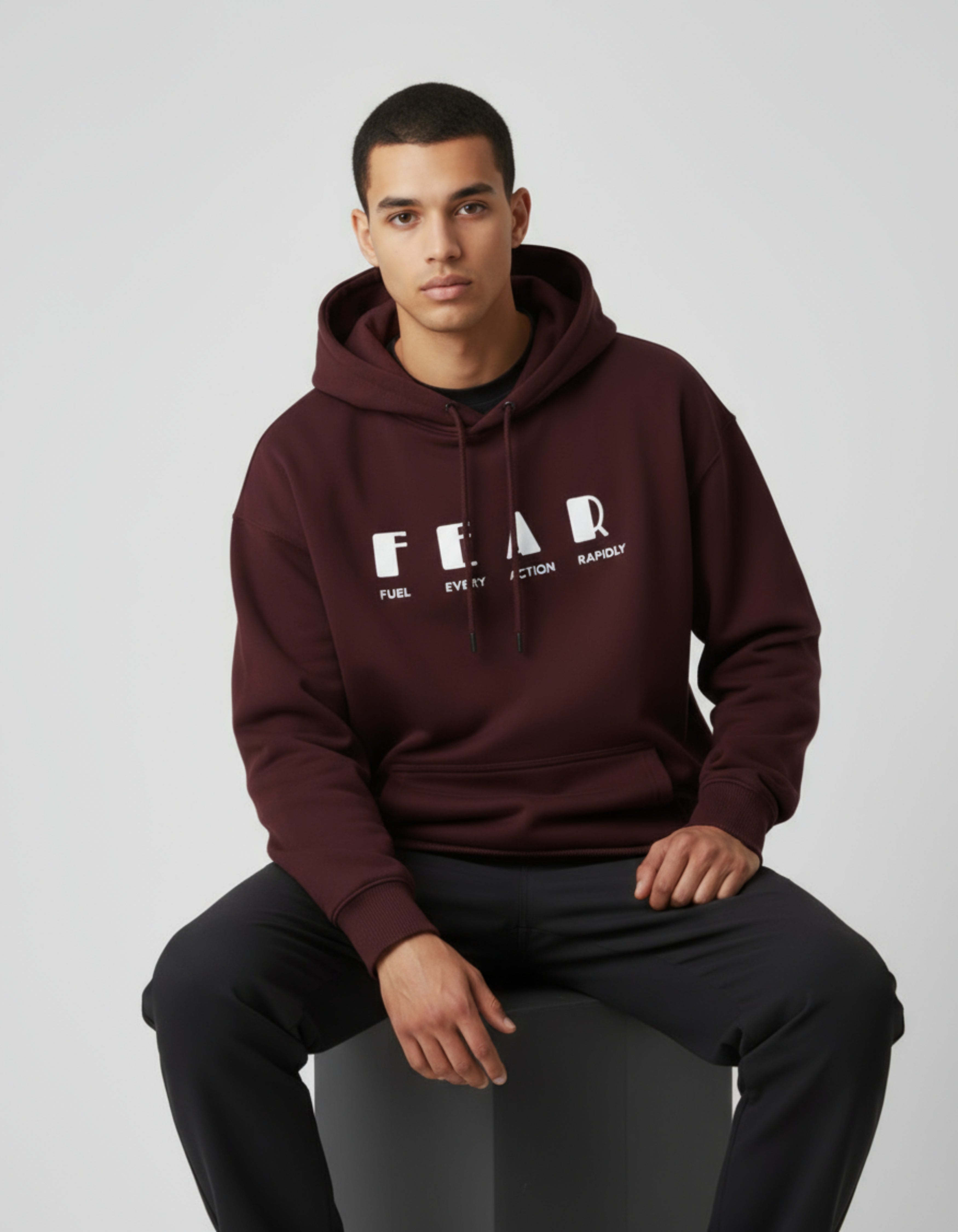 Maroon Fear Typography Oversized Hoodie
