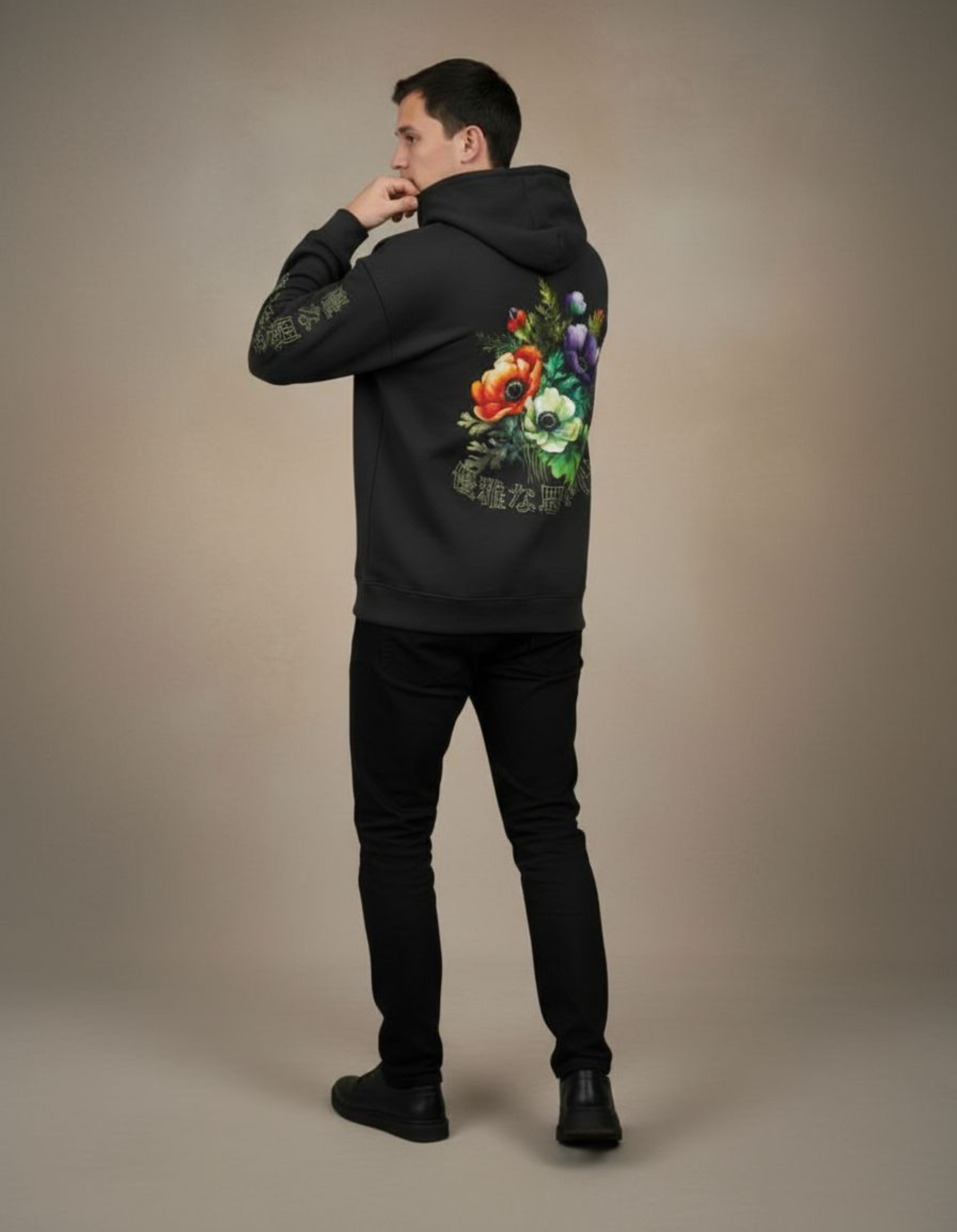 Black Floral Printed Oversized Hoodie