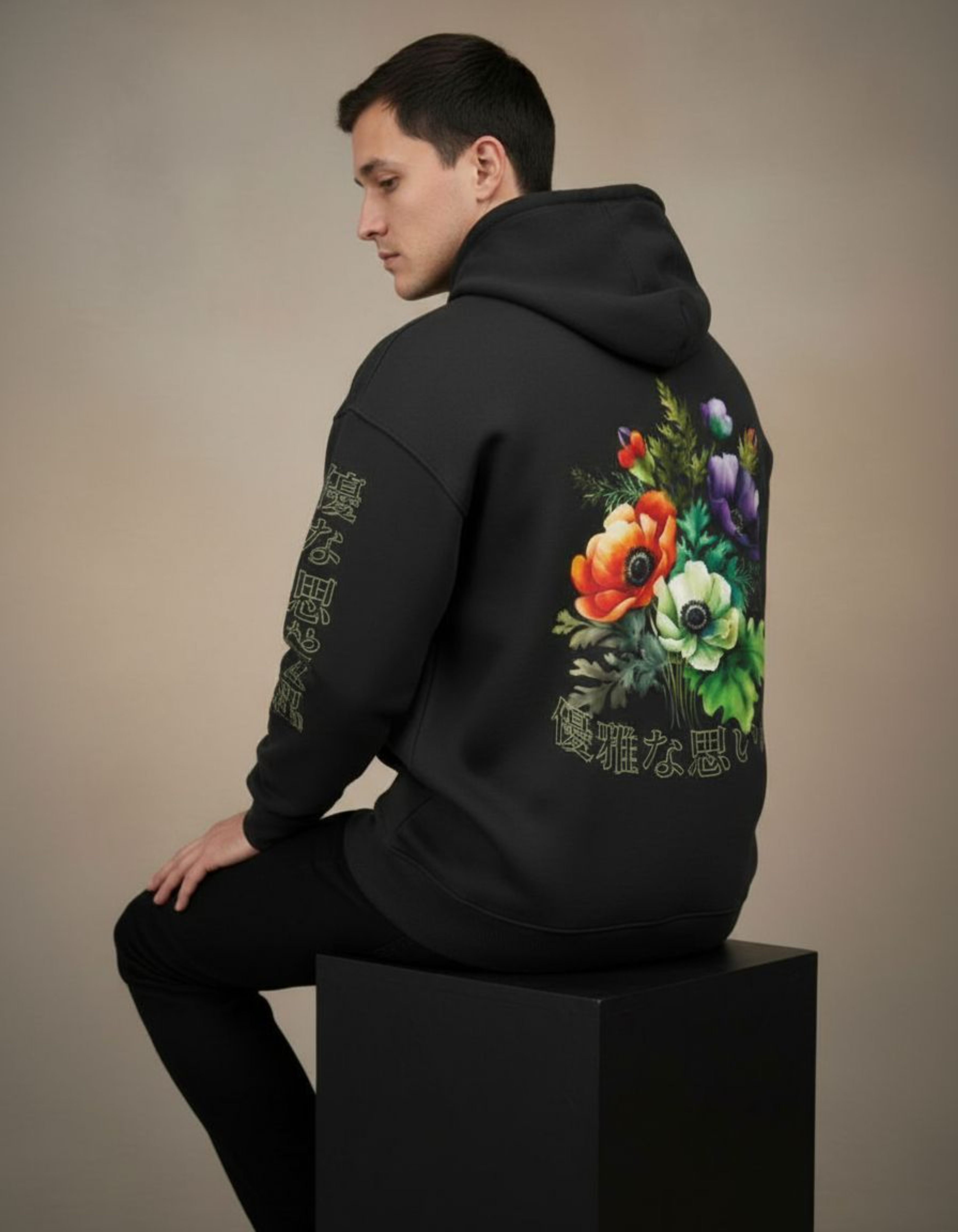 Black Floral Printed Oversized Hoodie