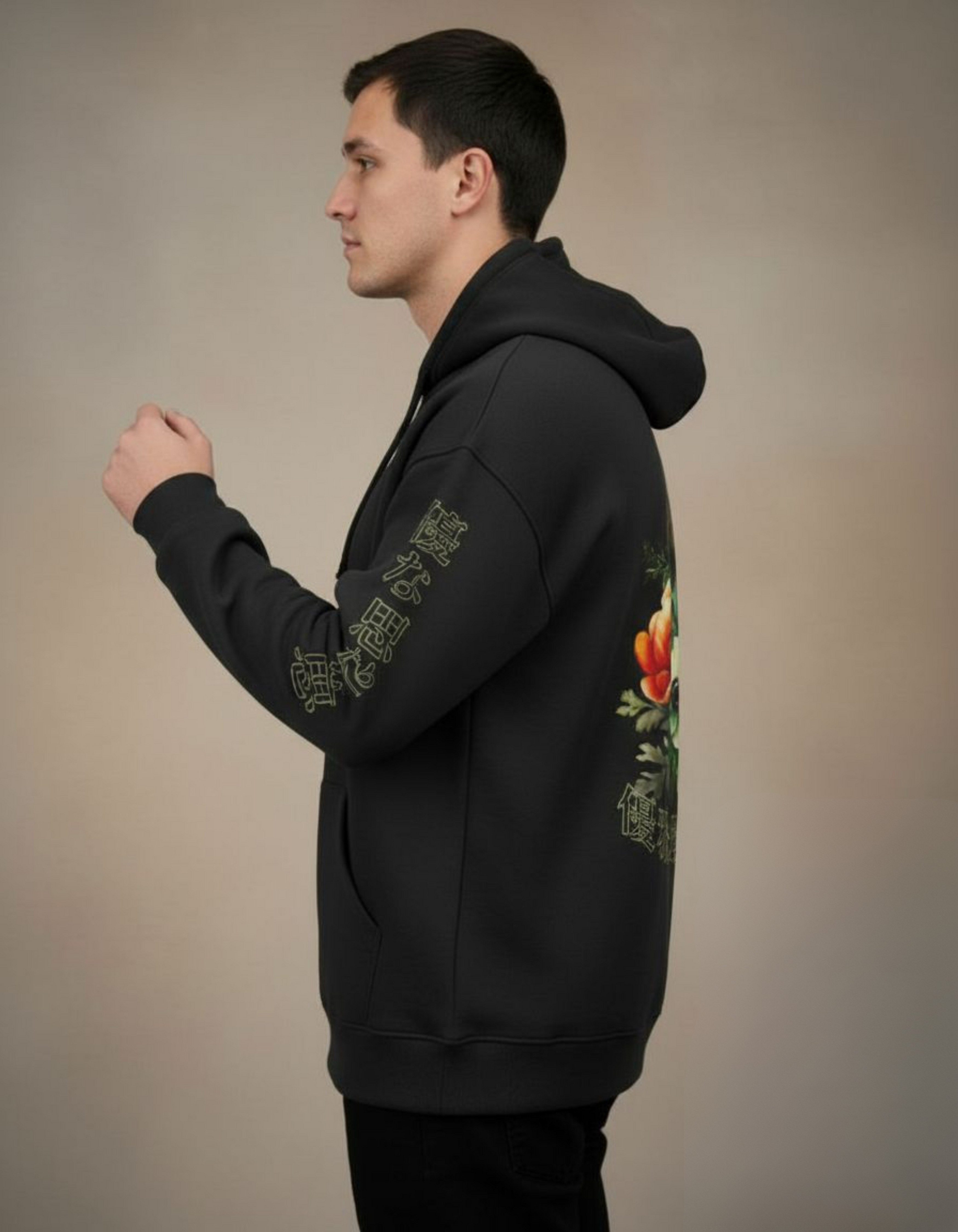 Black Floral Printed Oversized Hoodie