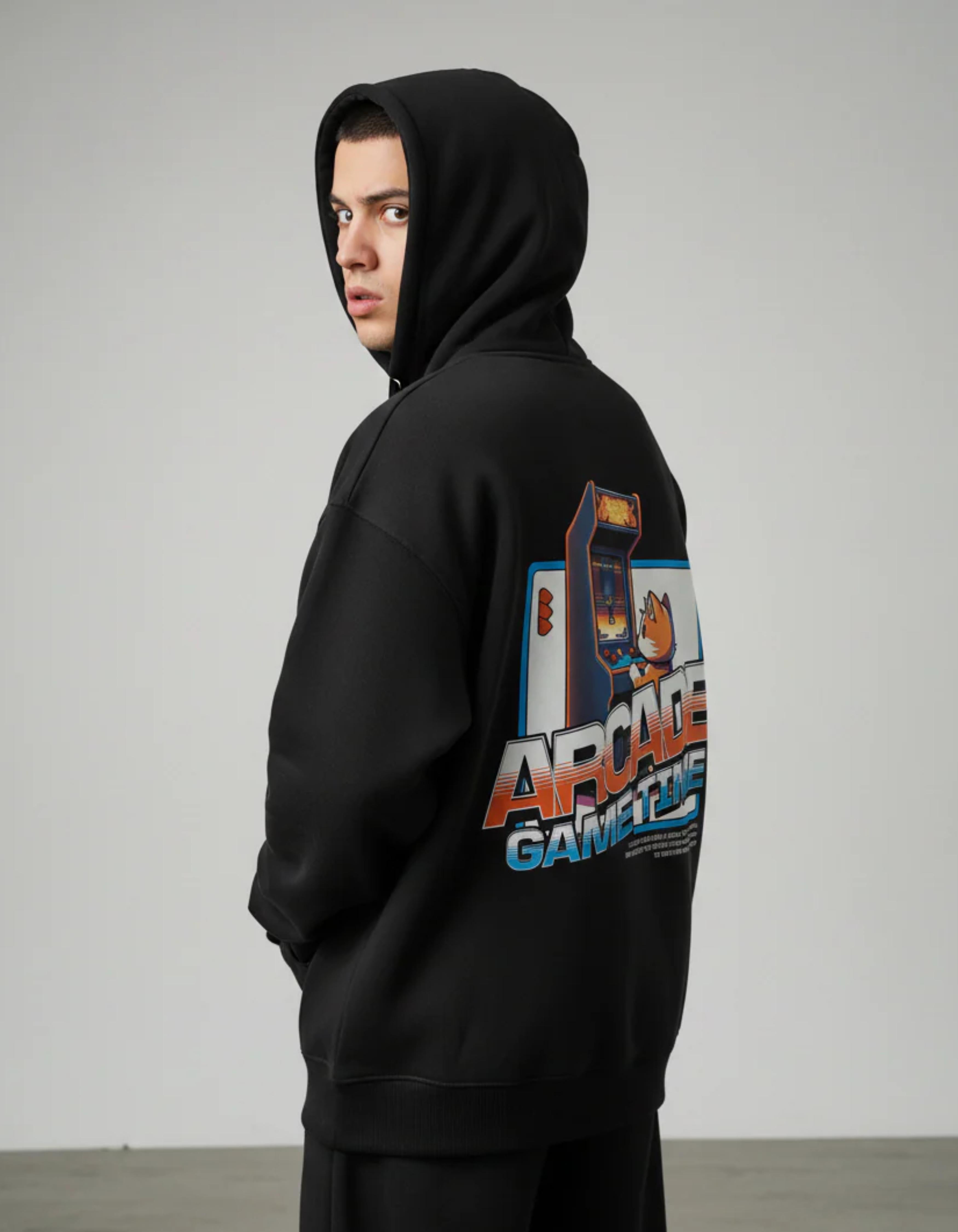 Black Game Time Printed Oversized Hoodie