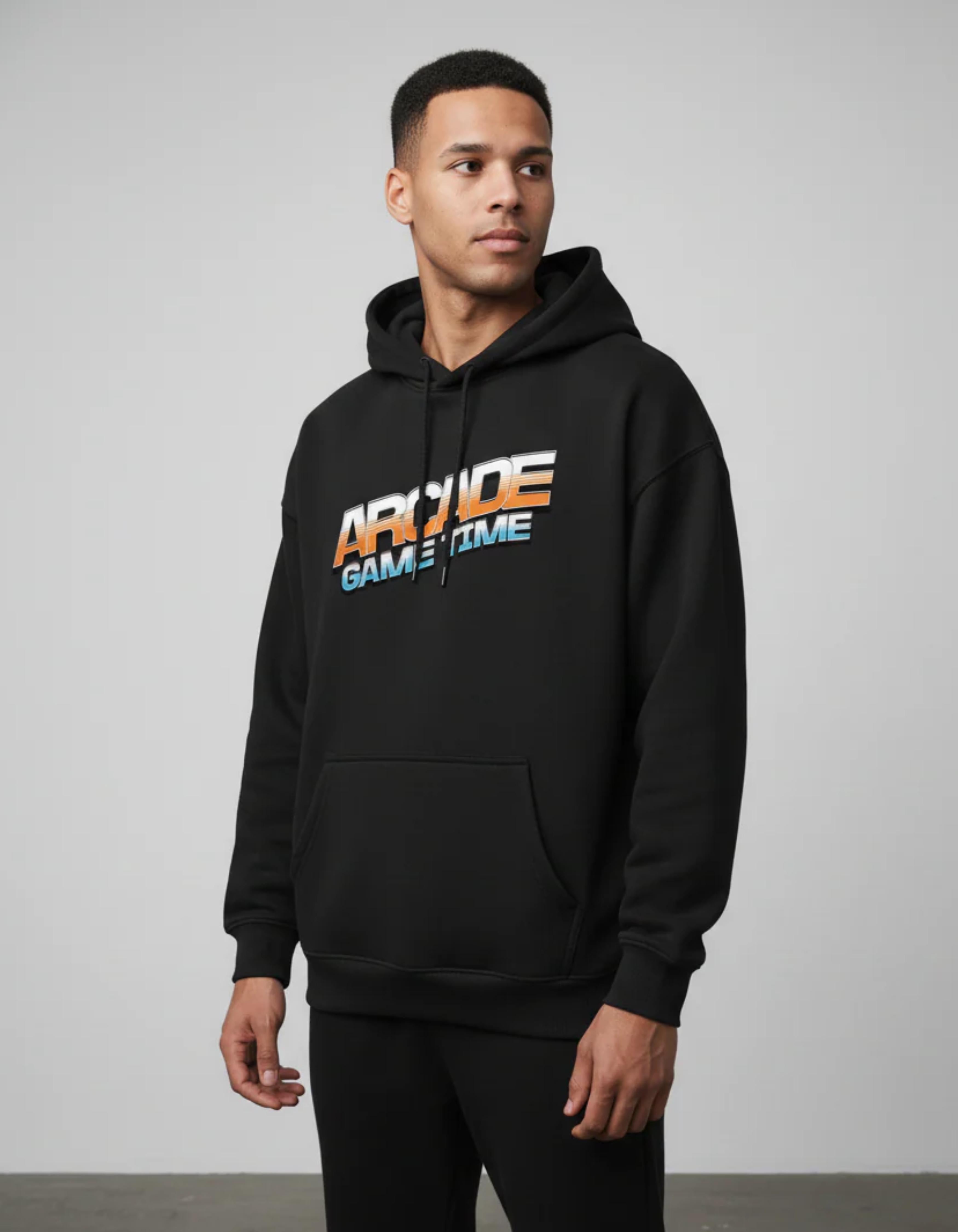 Black Game Time Printed Oversized Hoodie