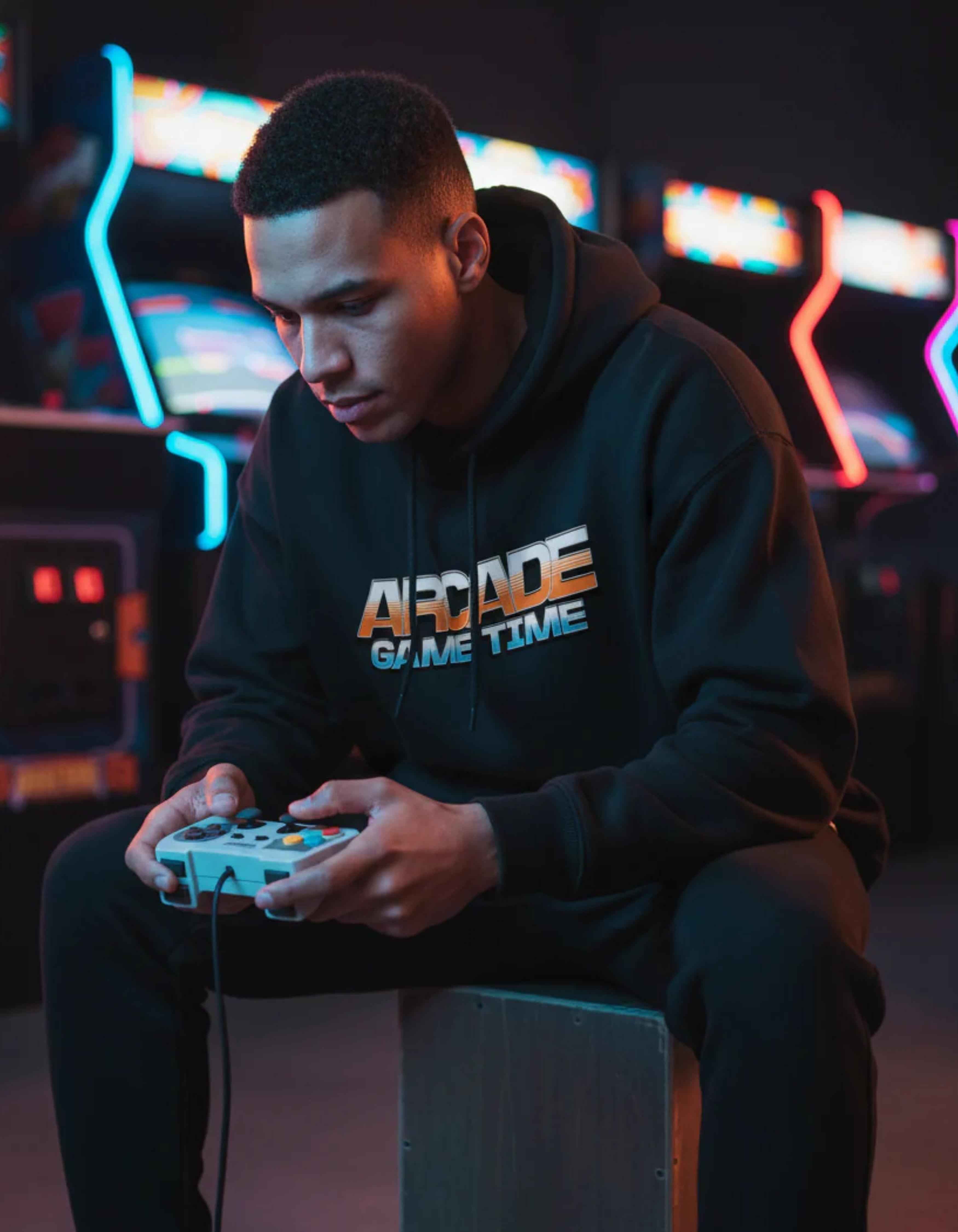 Black Game Time Printed Oversized Hoodie