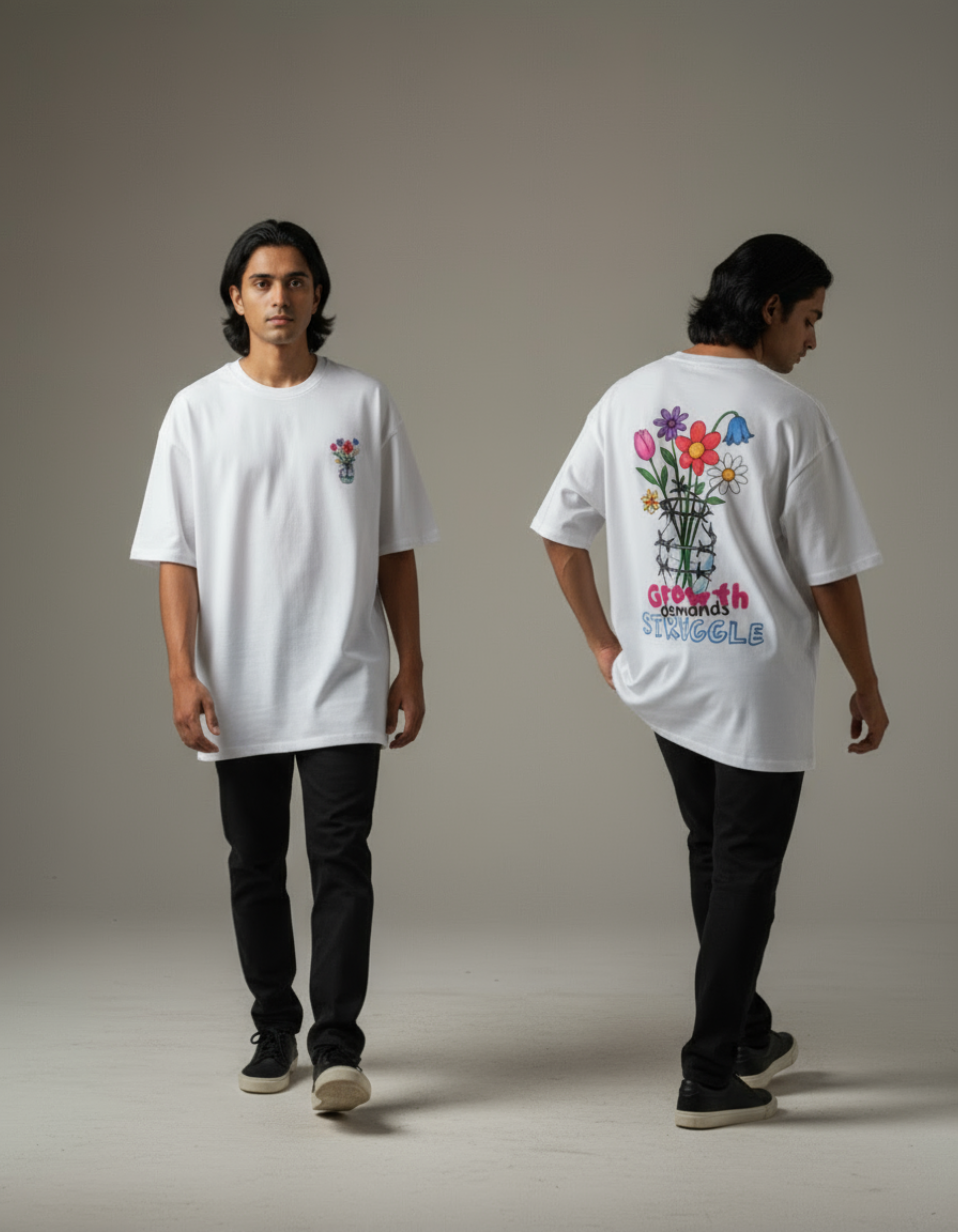 White Growth Demands Struggle Printed Terry Oversized Tee