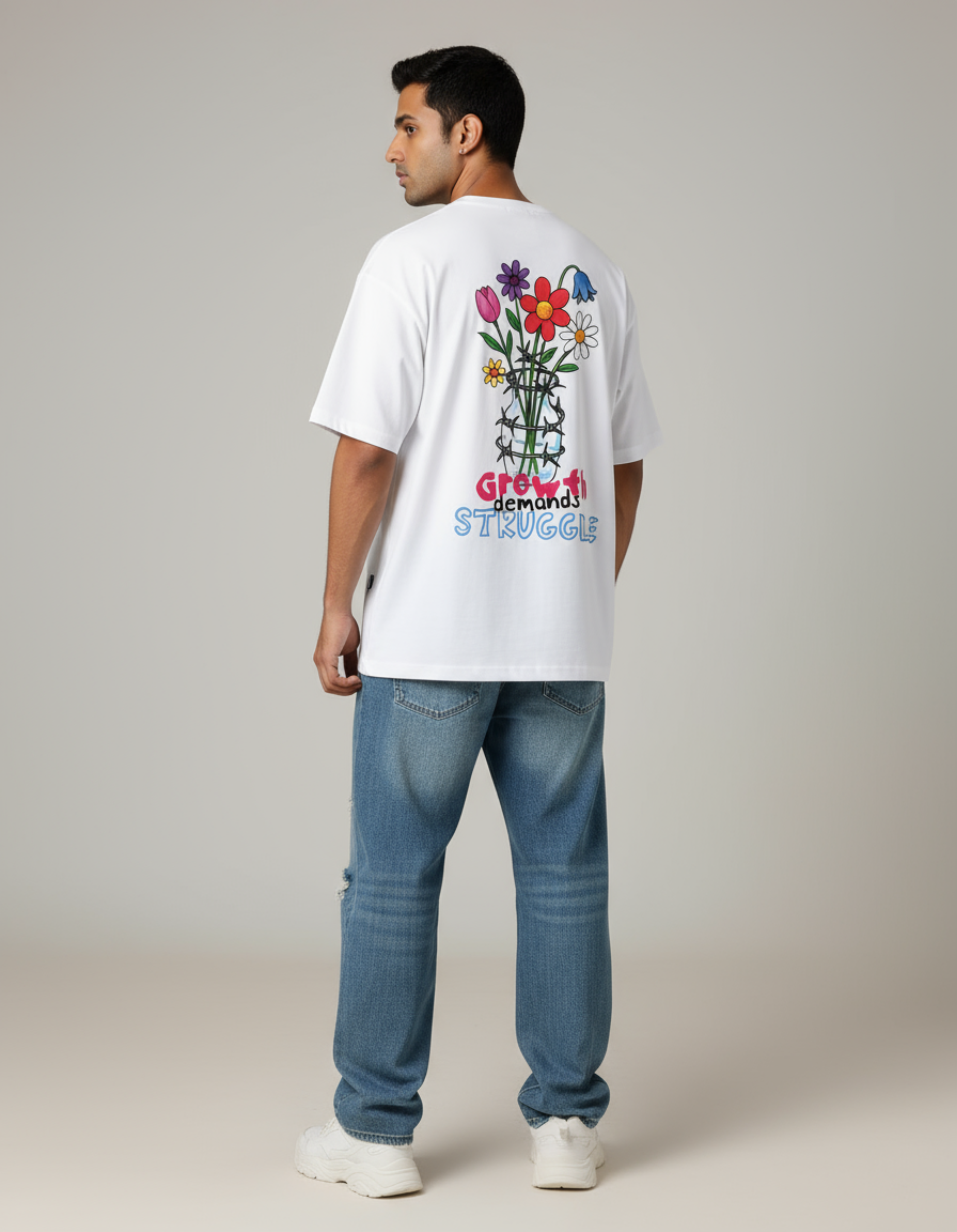 White Growth Demands Struggle Printed Terry Oversized Tee