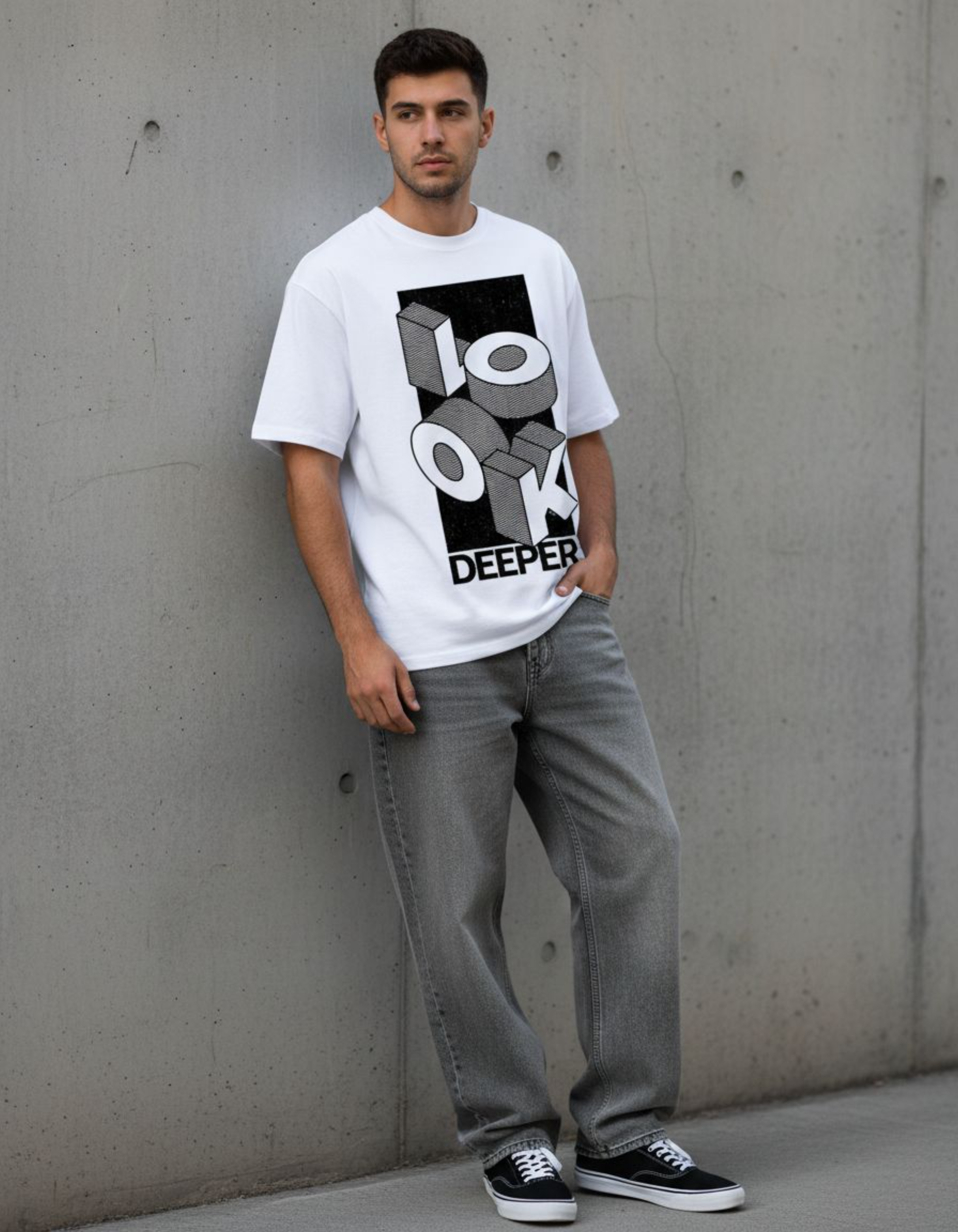 White Look Deeper Oversized Typography T-Shirt