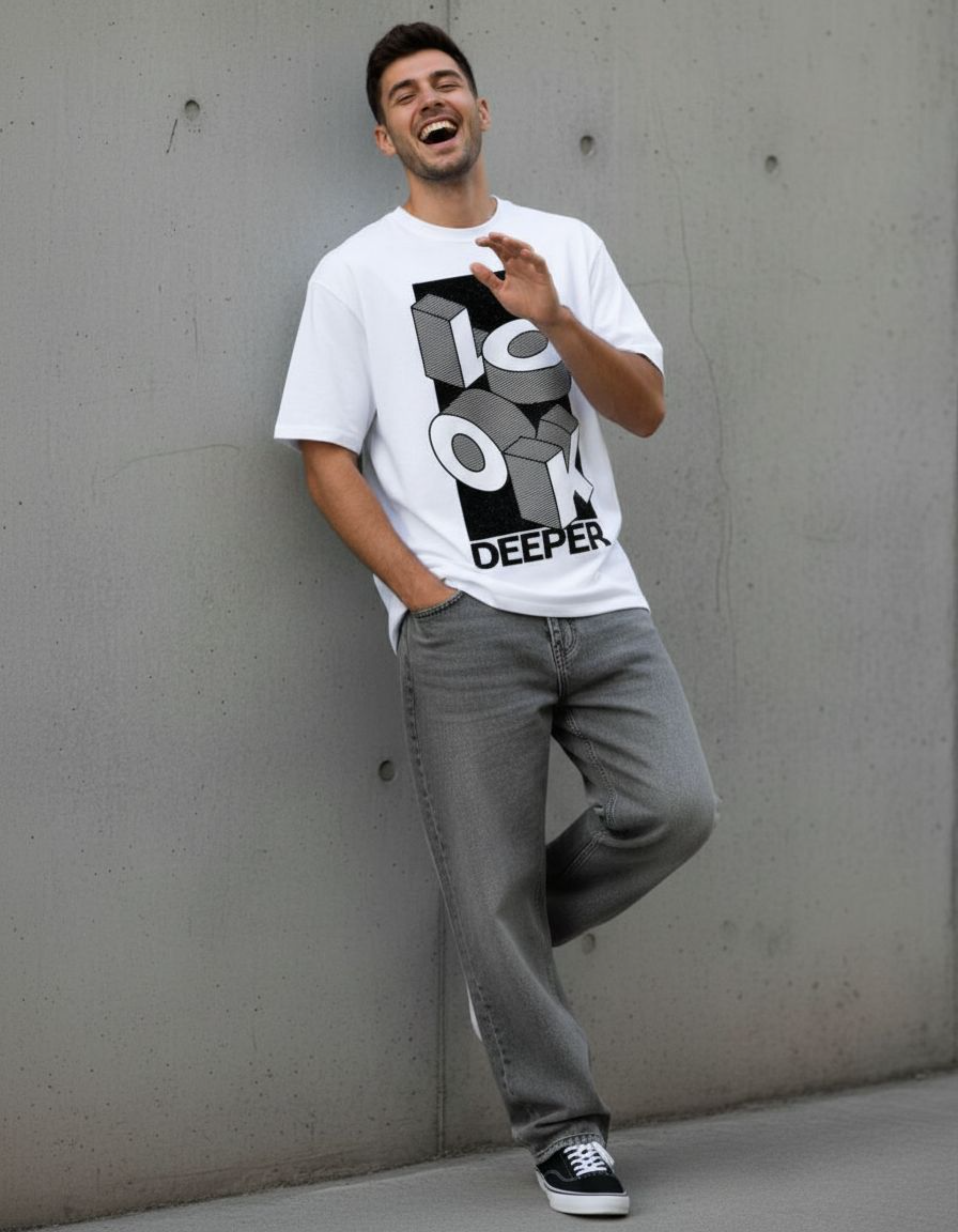 White Look Deeper Oversized Typography T-Shirt