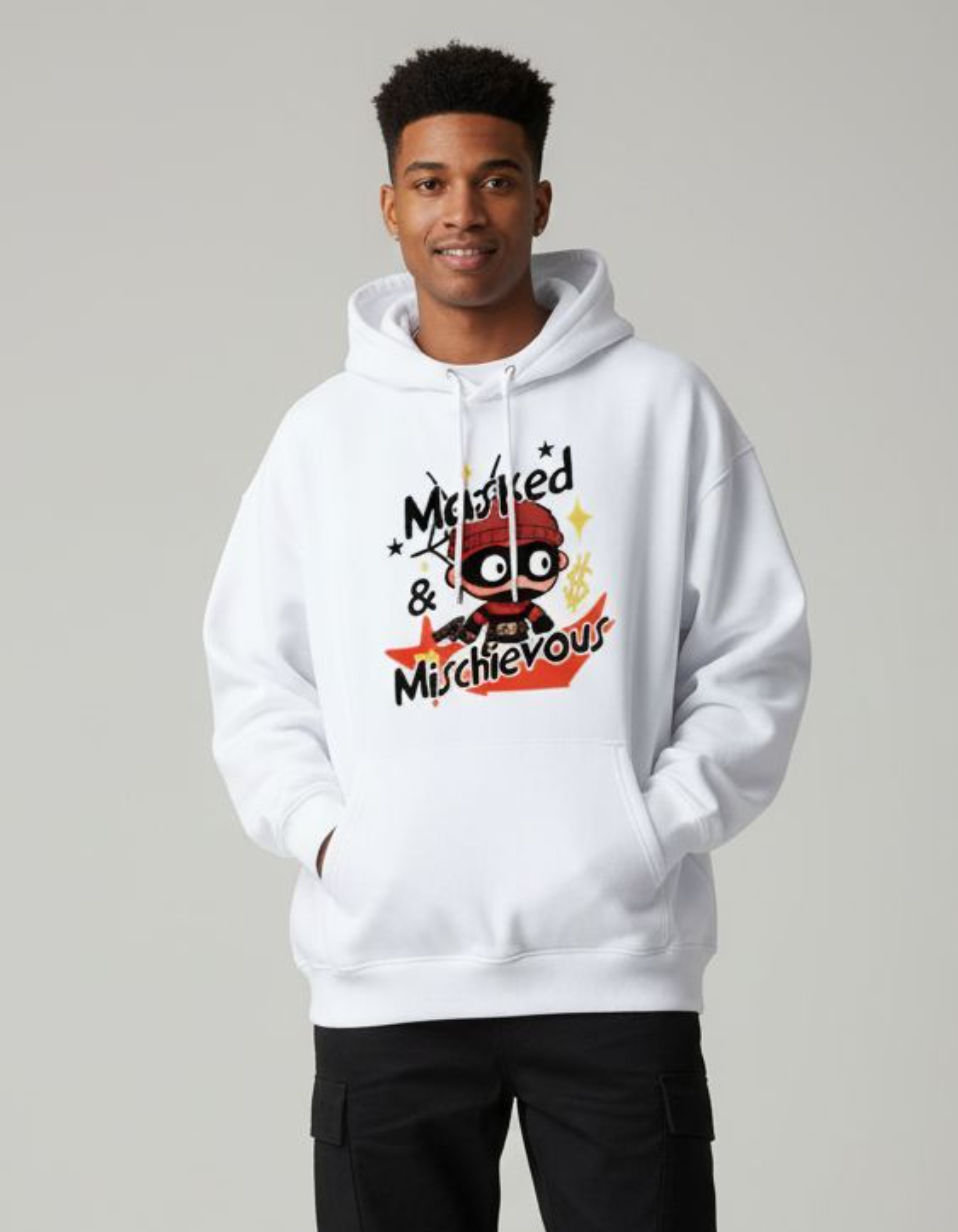 White Masked & Mischievous Printed Oversized Hoodie