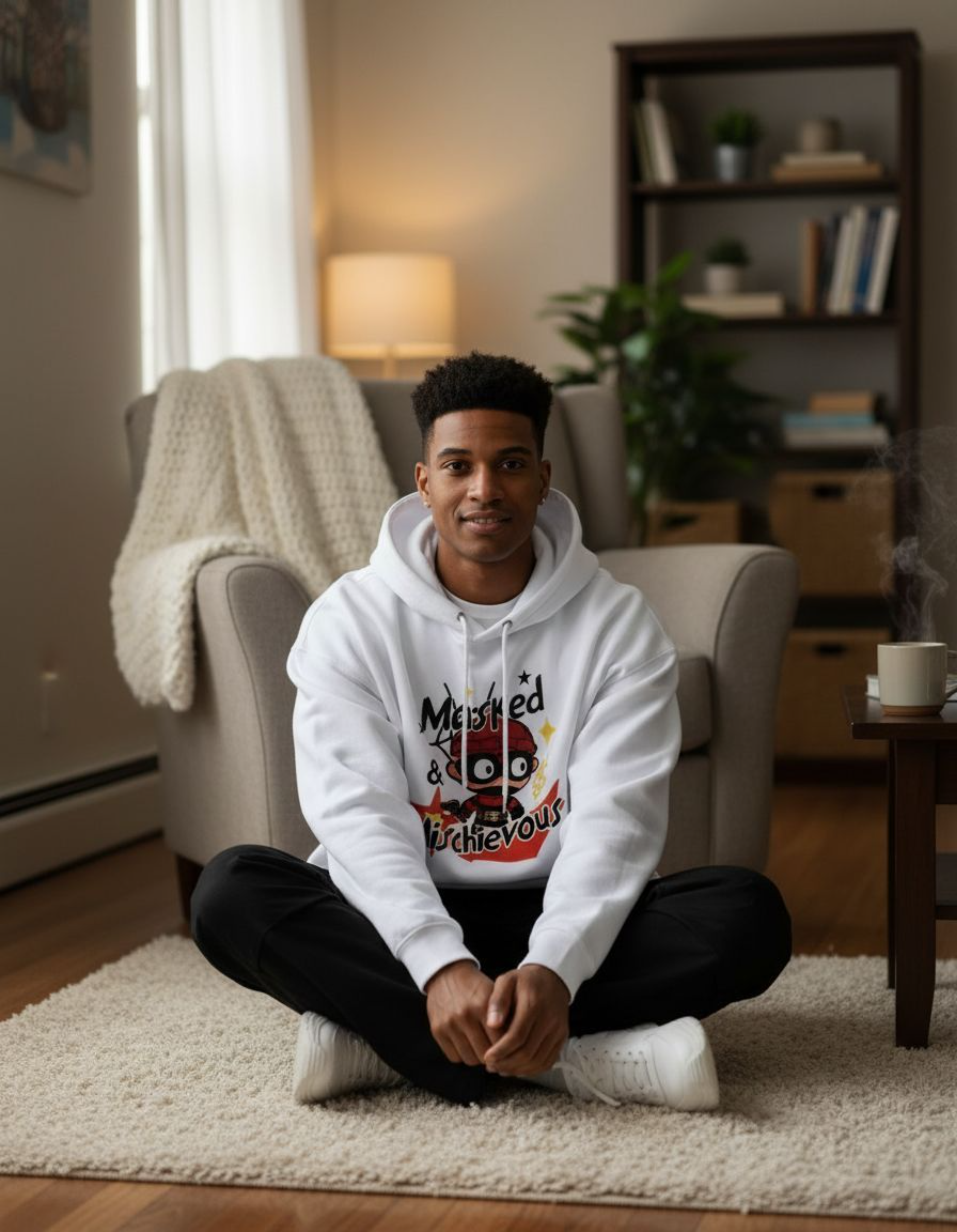 White Masked & Mischievous Printed Oversized Hoodie