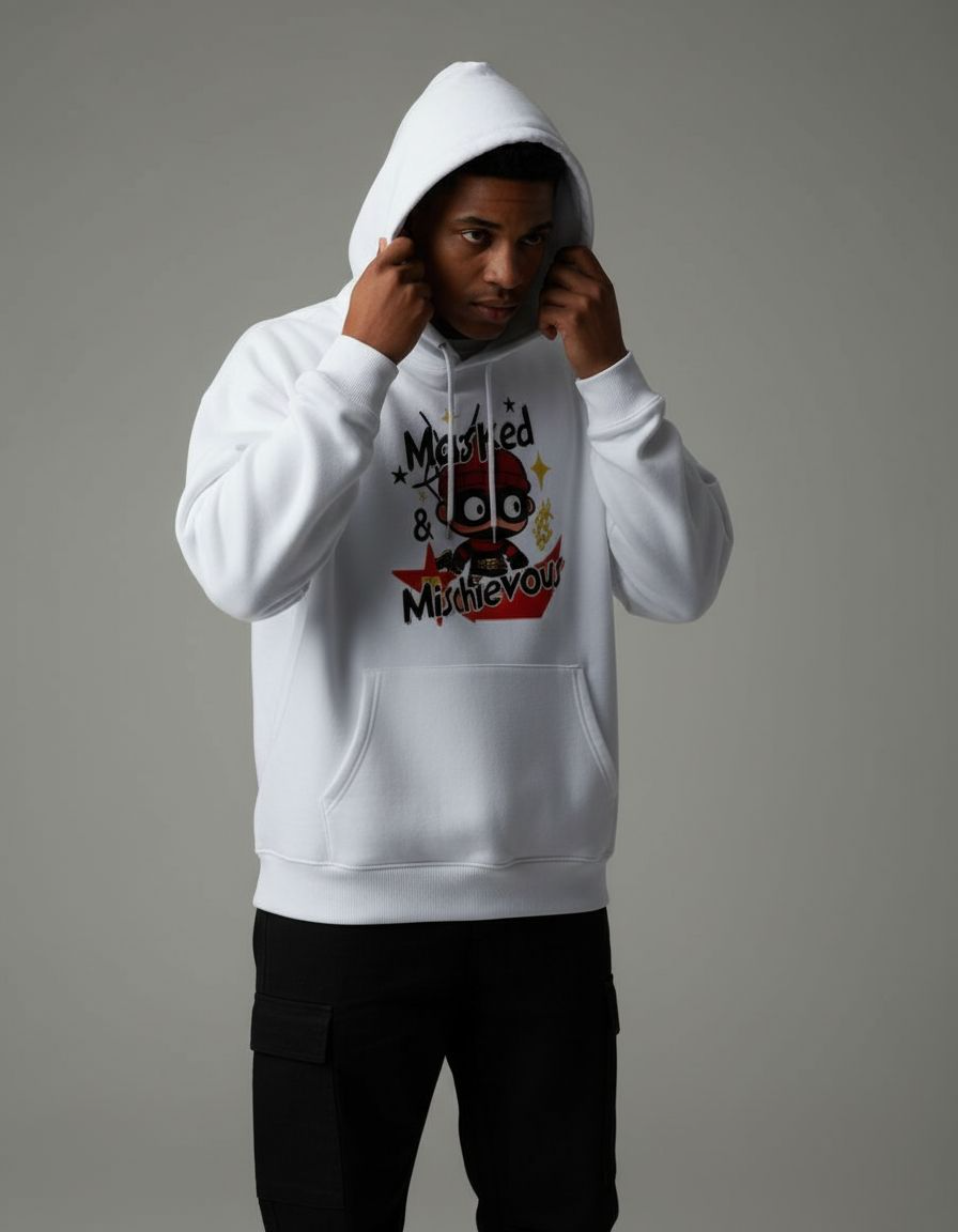 White Masked & Mischievous Printed Oversized Hoodie