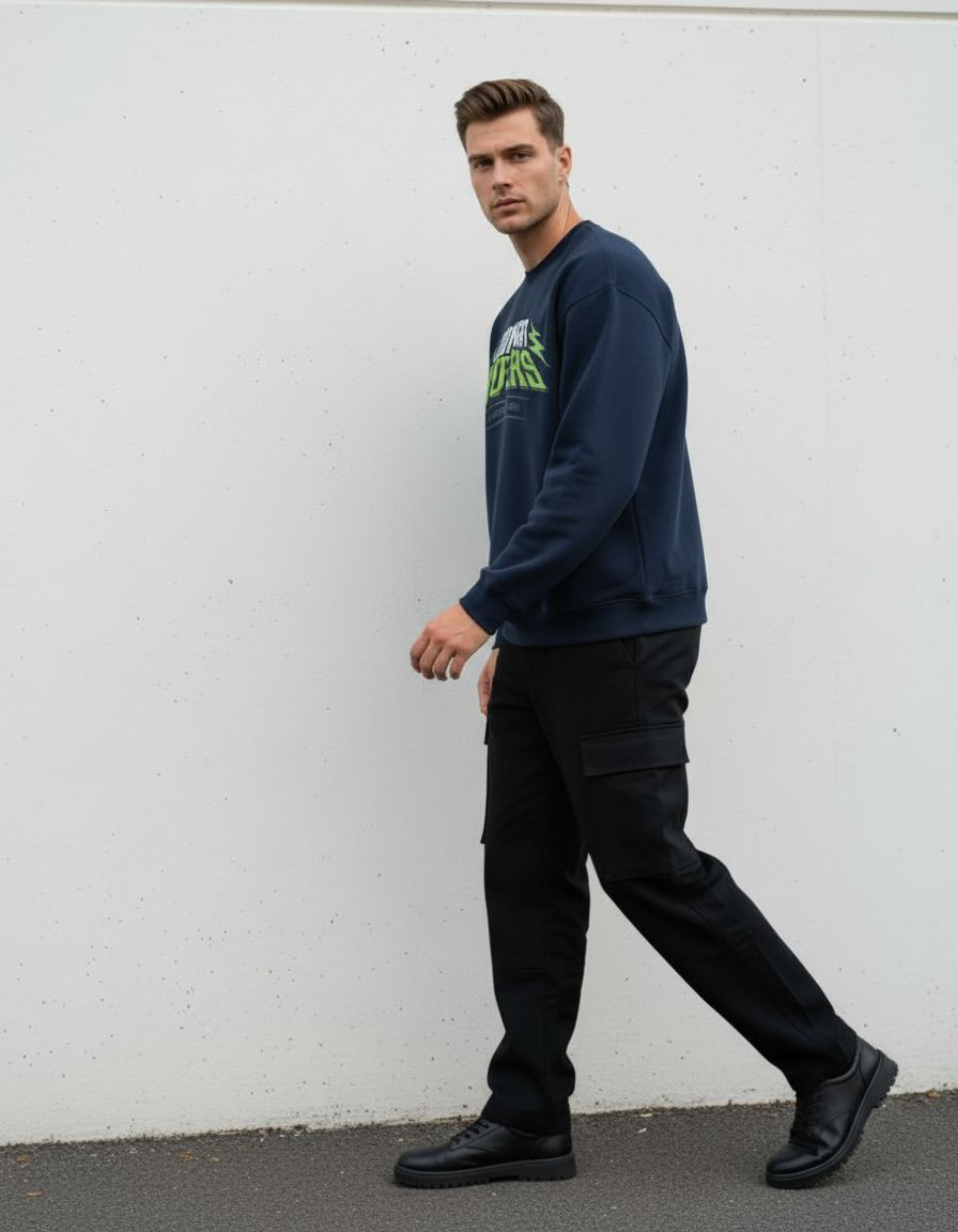 Navy Blue Midnight Riders Typography Oversized Sweatshirt