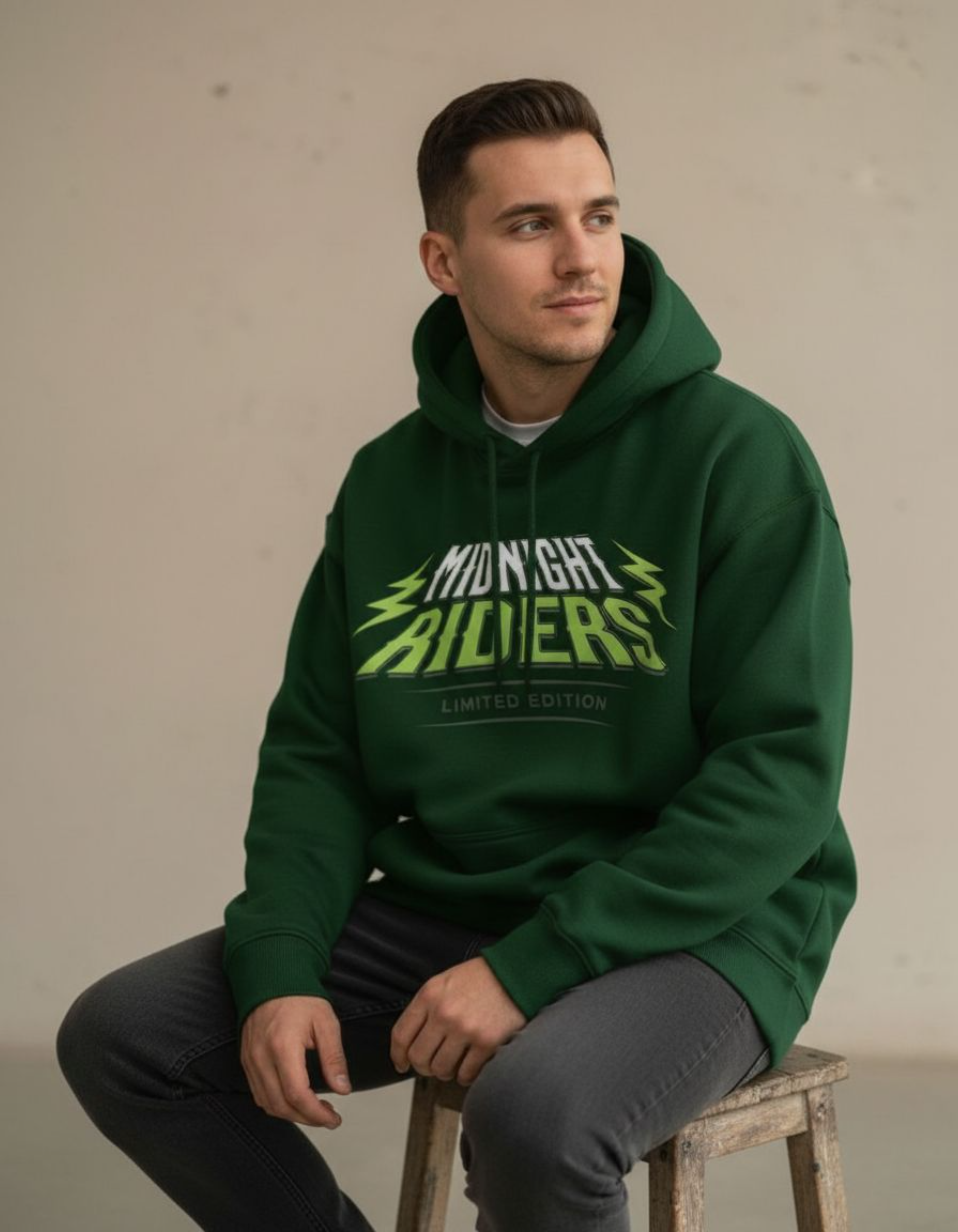 Green Midnight Riders Typography Oversized Hoodie