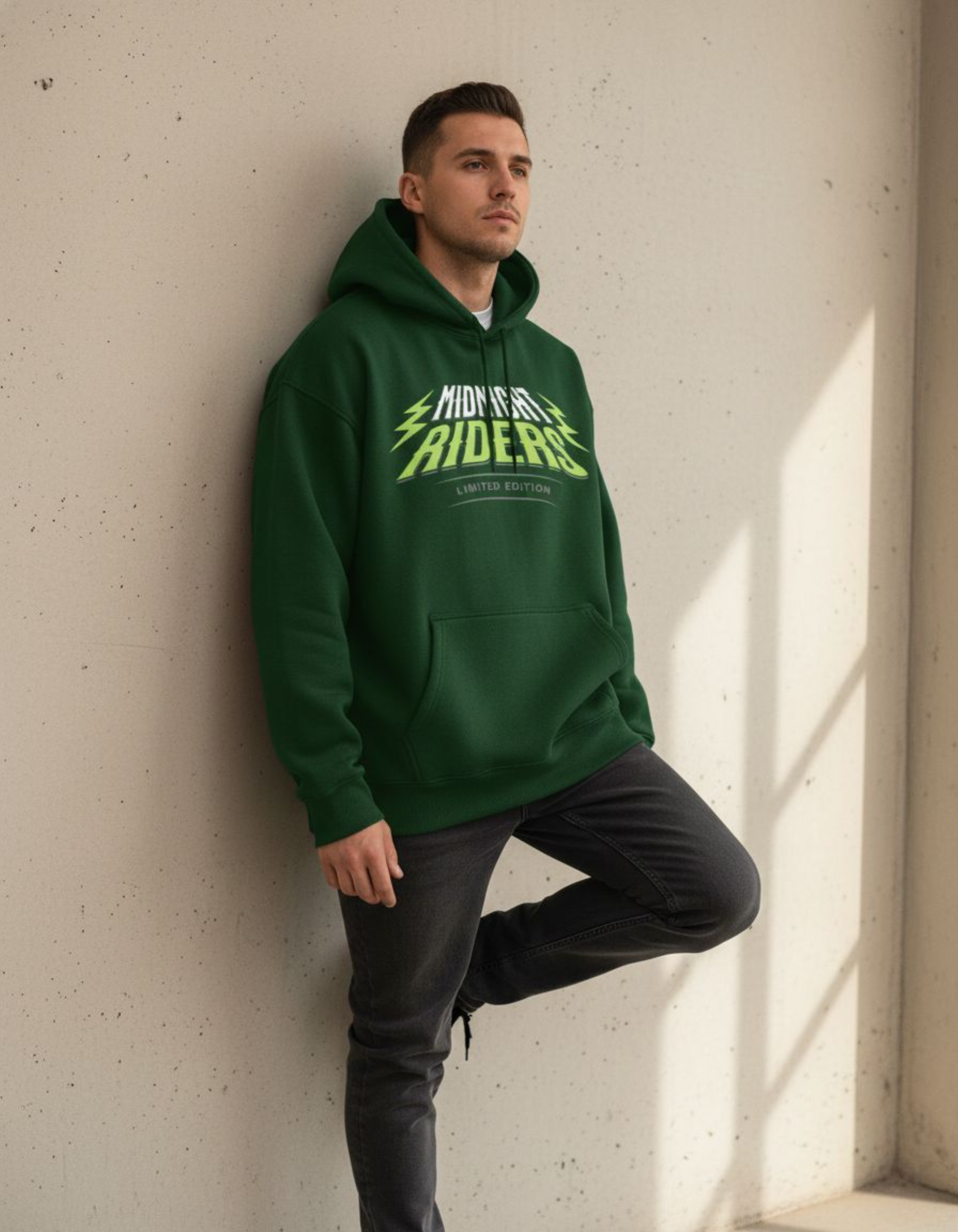 Green Midnight Riders Typography Oversized Hoodie