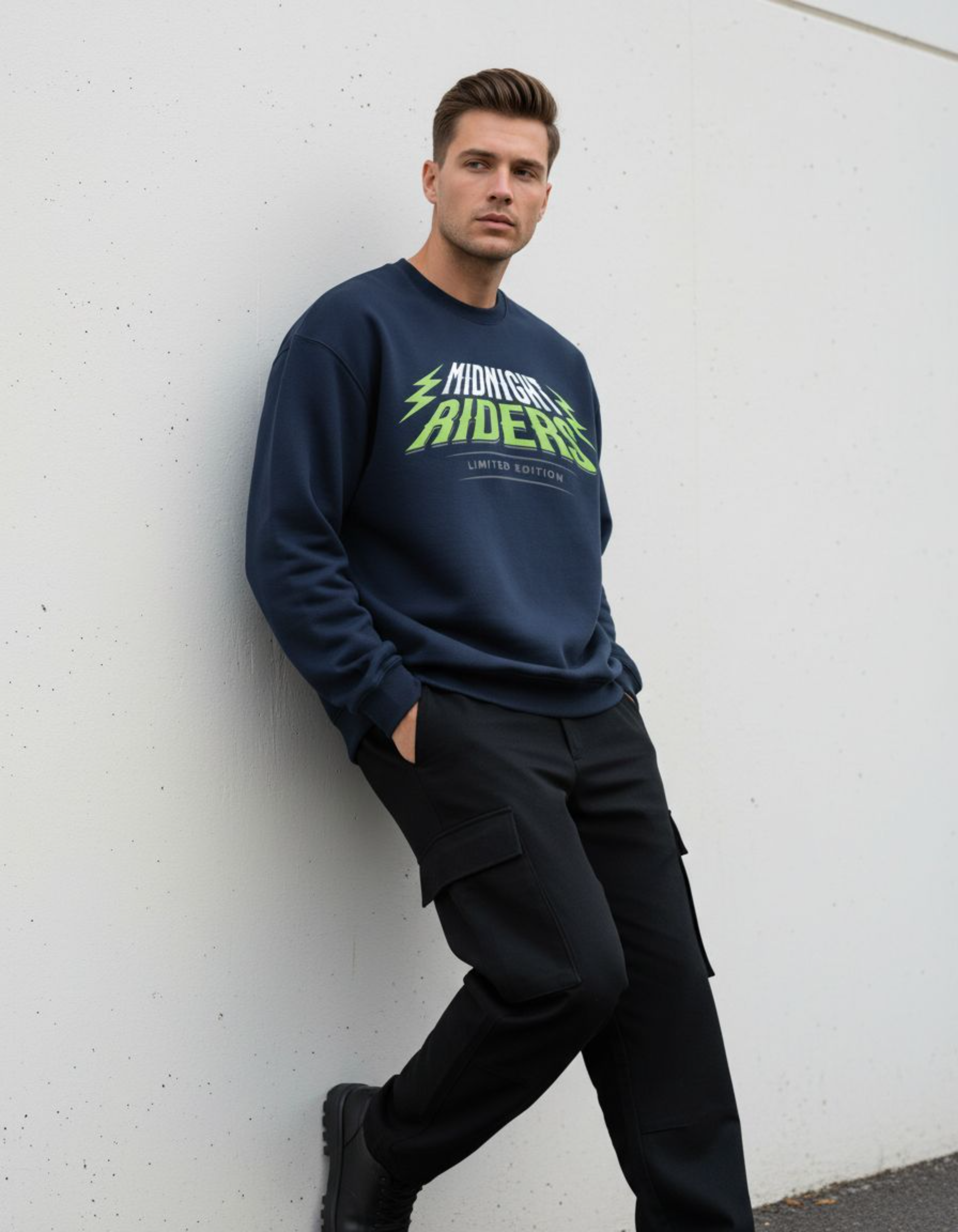 Navy Blue Midnight Riders Typography Oversized Sweatshirt