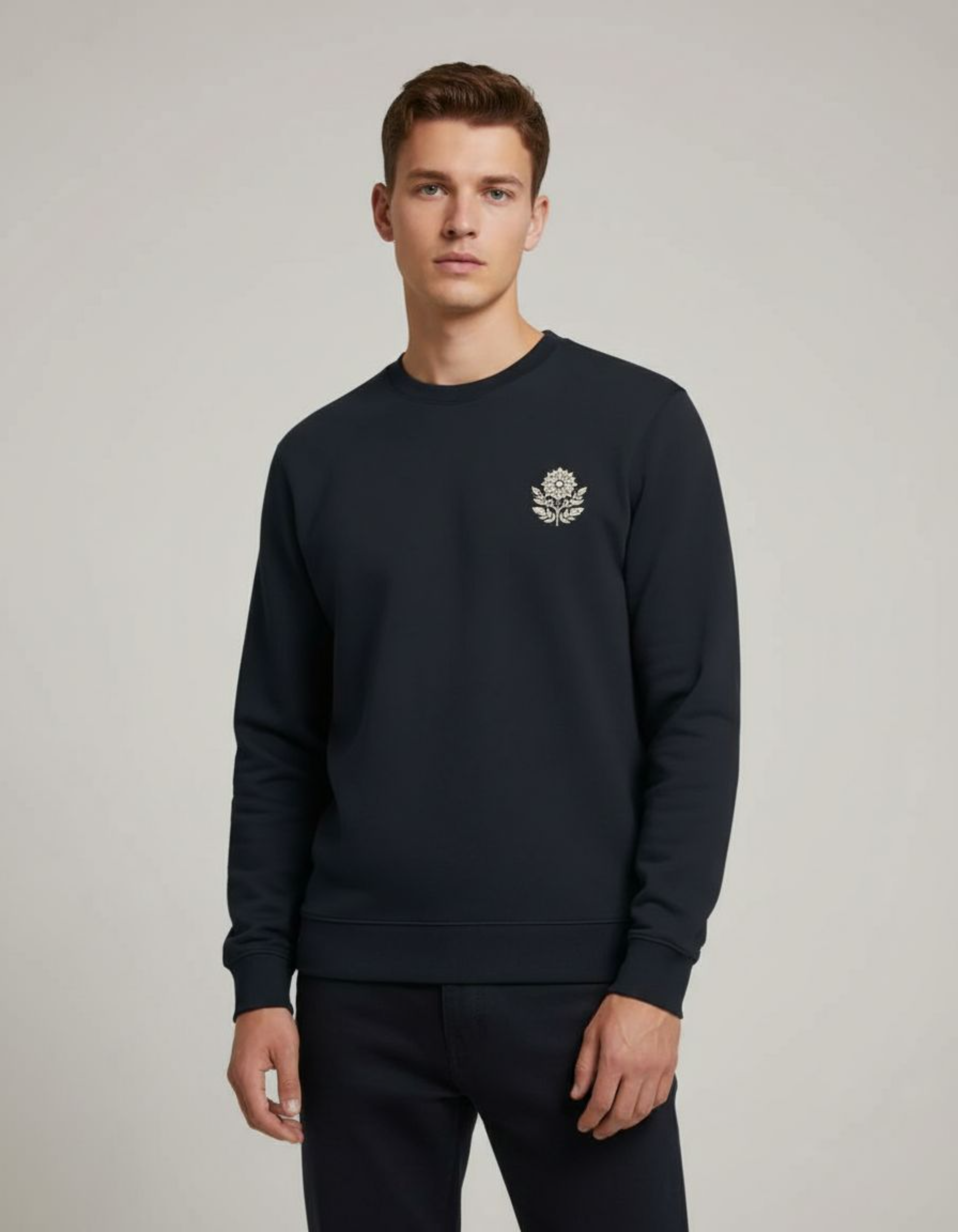 Navy Blue Floral Embroidery Sweatshirt