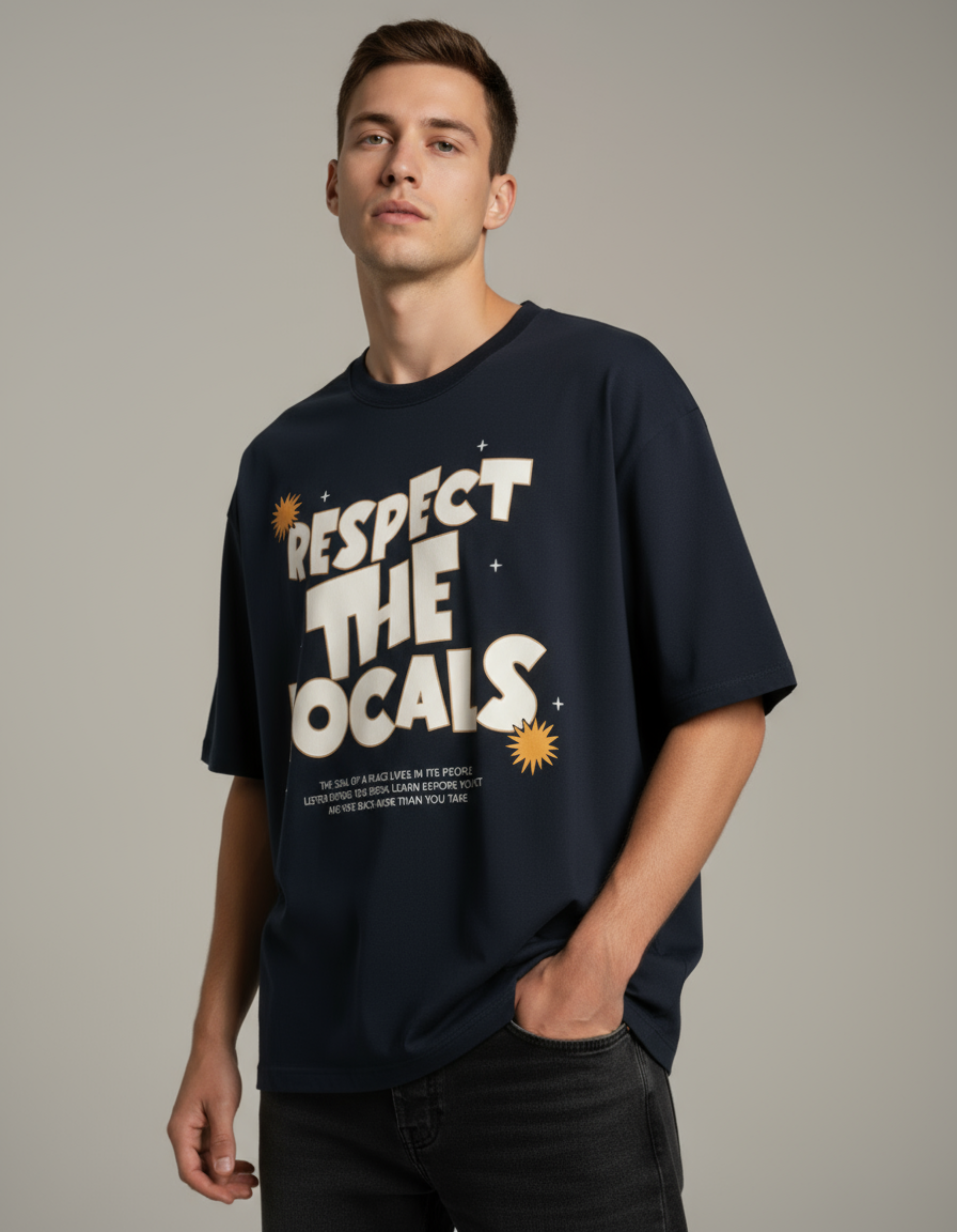 Navy Blue Respect the Locals Oversized Typography T-Shirt