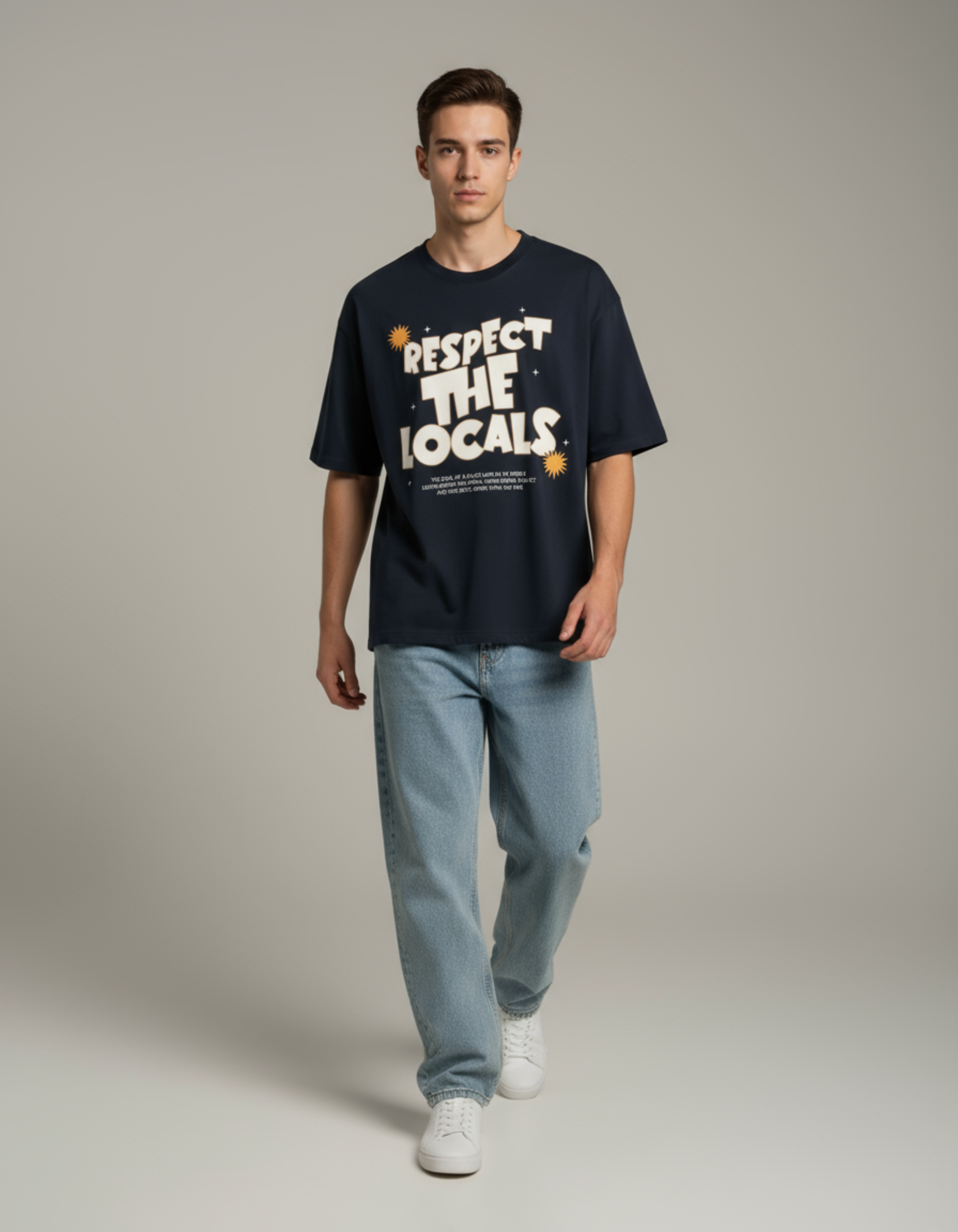 Navy Blue Respect the Locals Oversized Typography T-Shirt