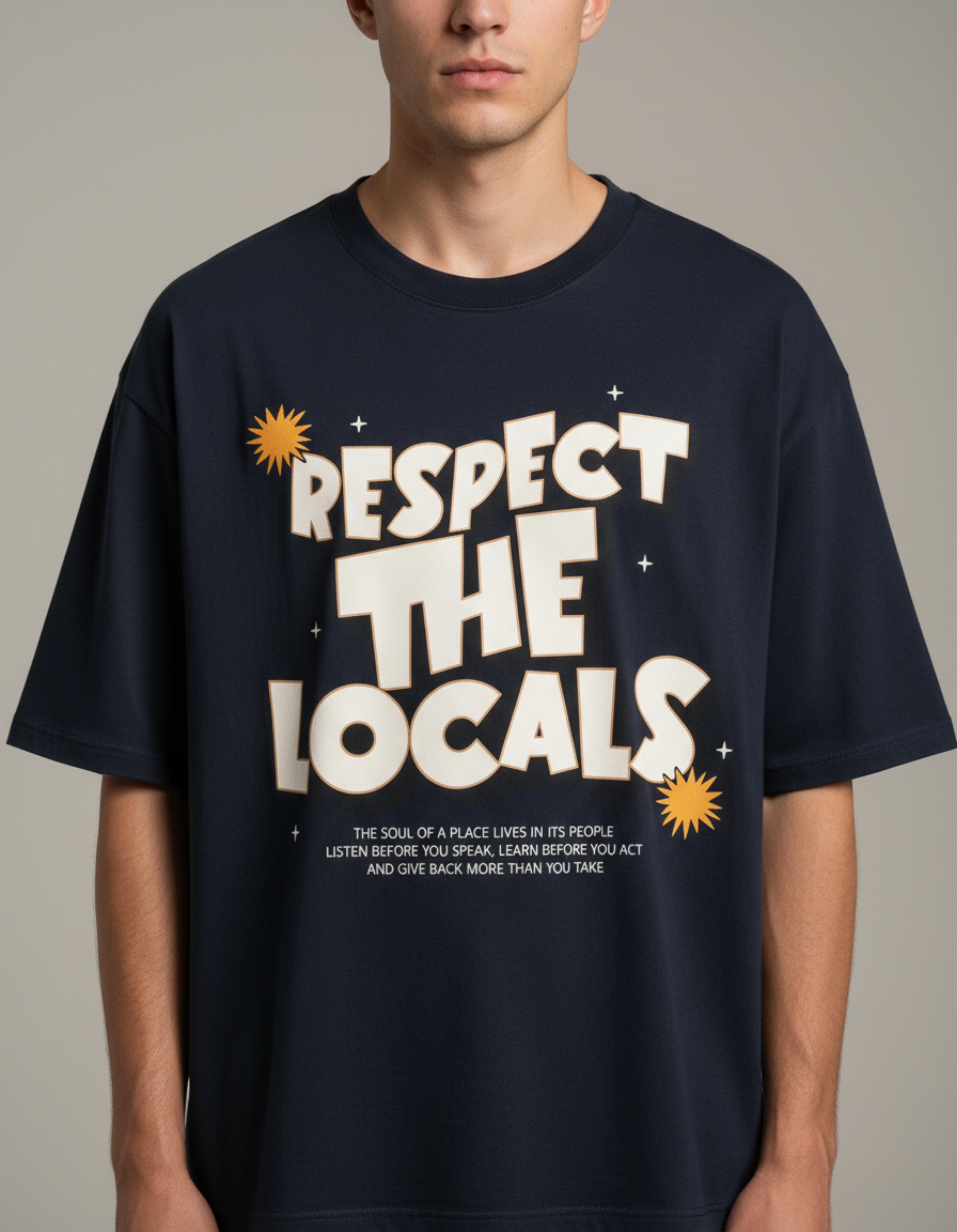 Navy Blue Respect the Locals Oversized Typography T-Shirt