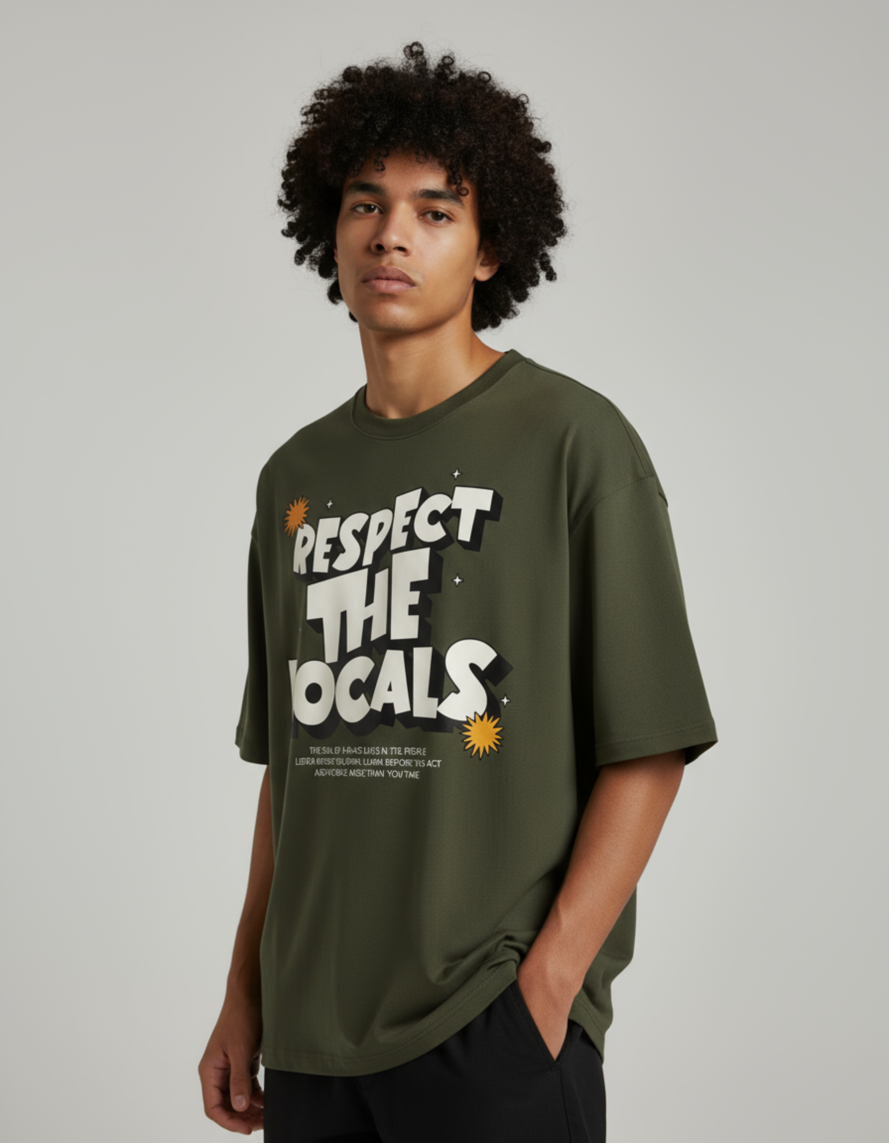 Olive Green Respect the Locals Oversized Typography T-Shirt