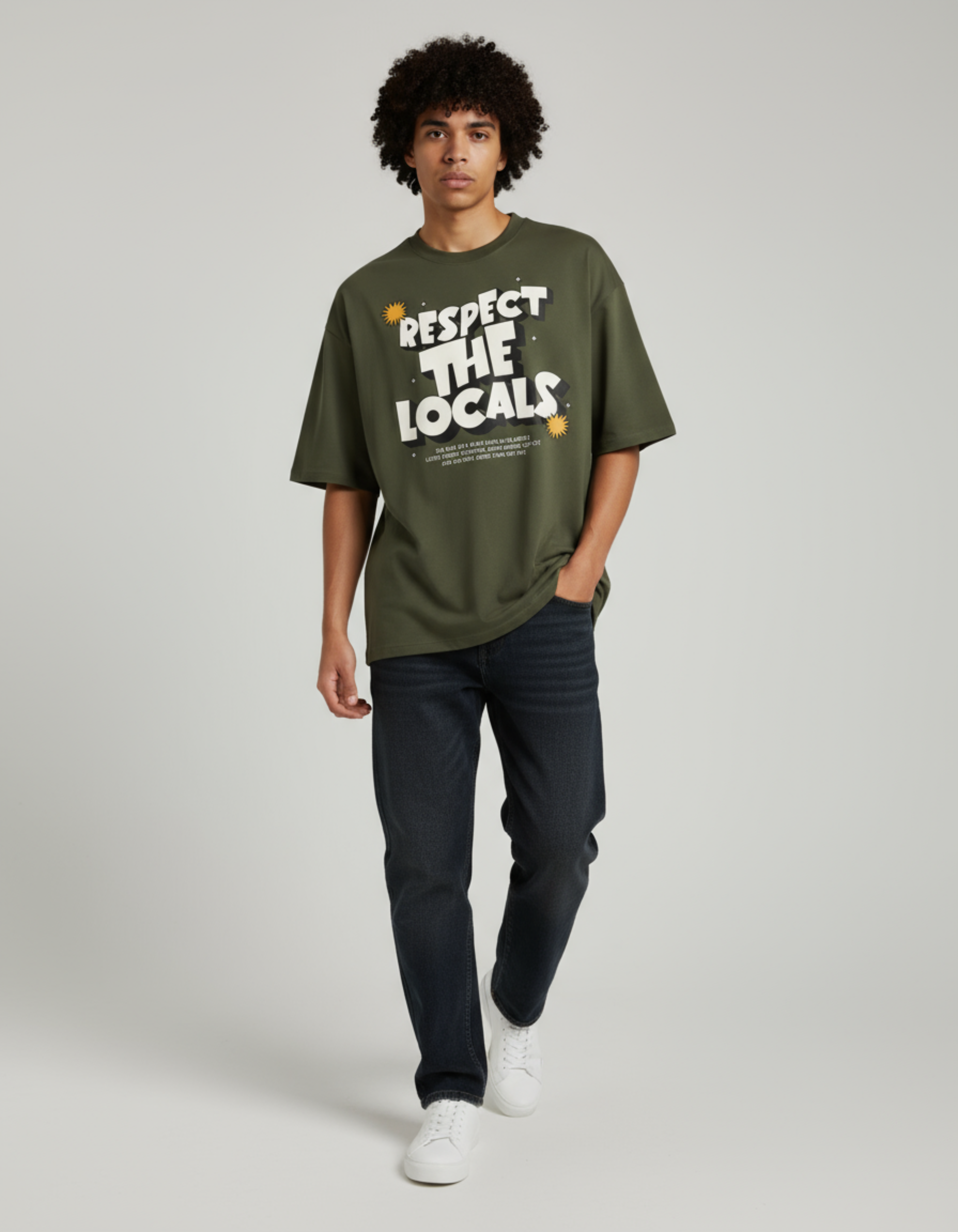 Olive Green Respect the Locals Oversized Typography T-Shirt