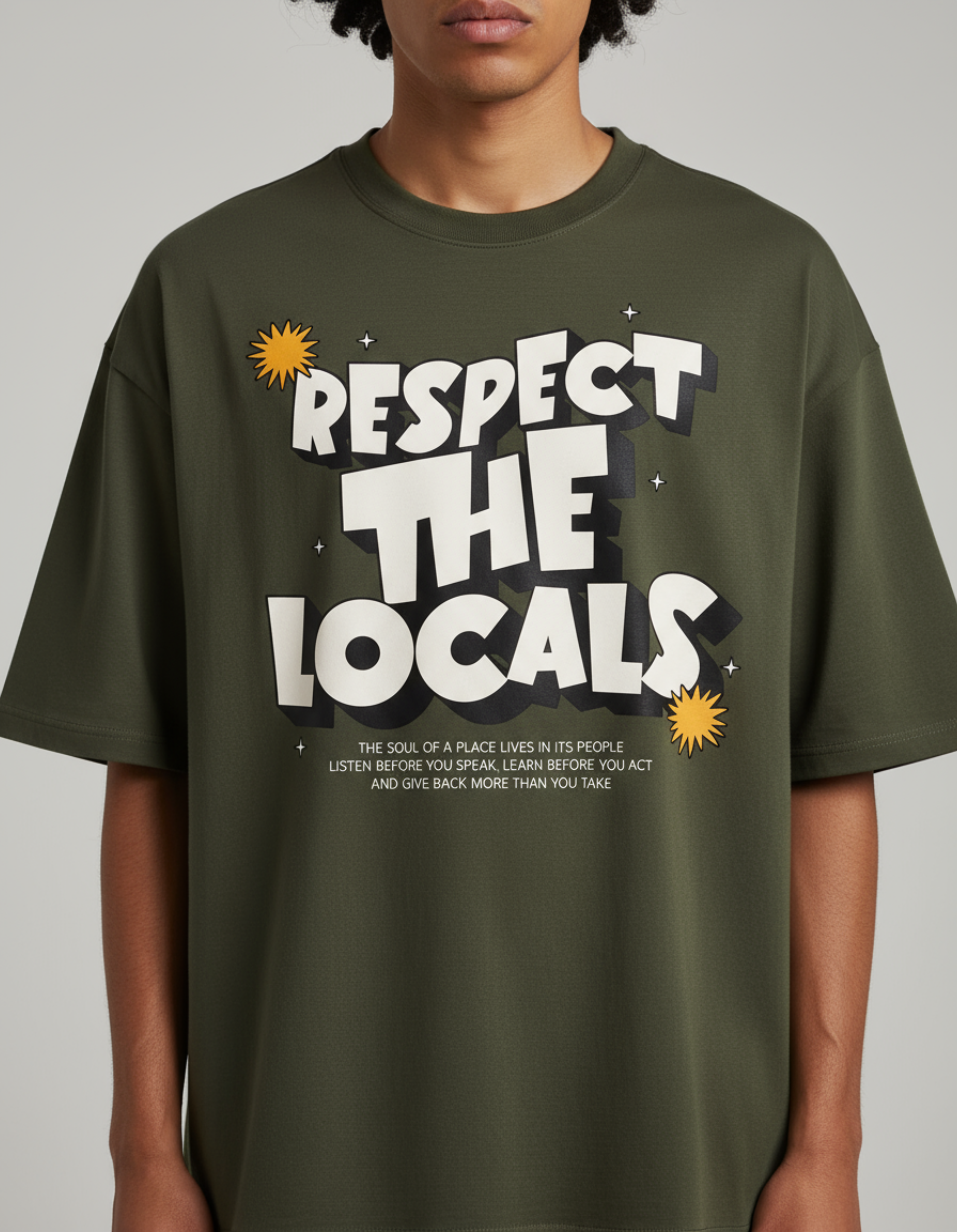 Olive Green Respect the Locals Oversized Typography T-Shirt