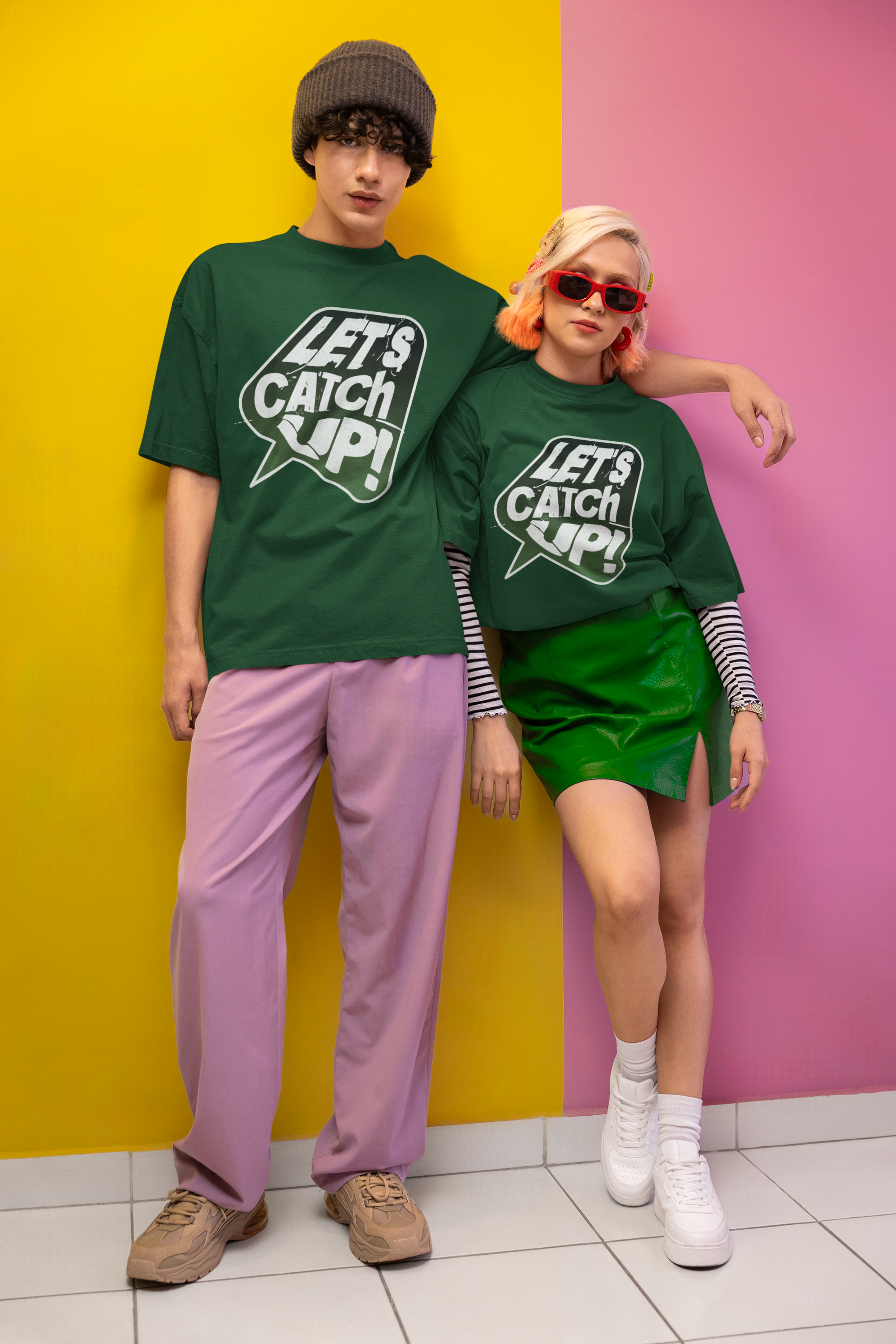 Bottle Green Let's Catchup Typography Oversized T-shirt