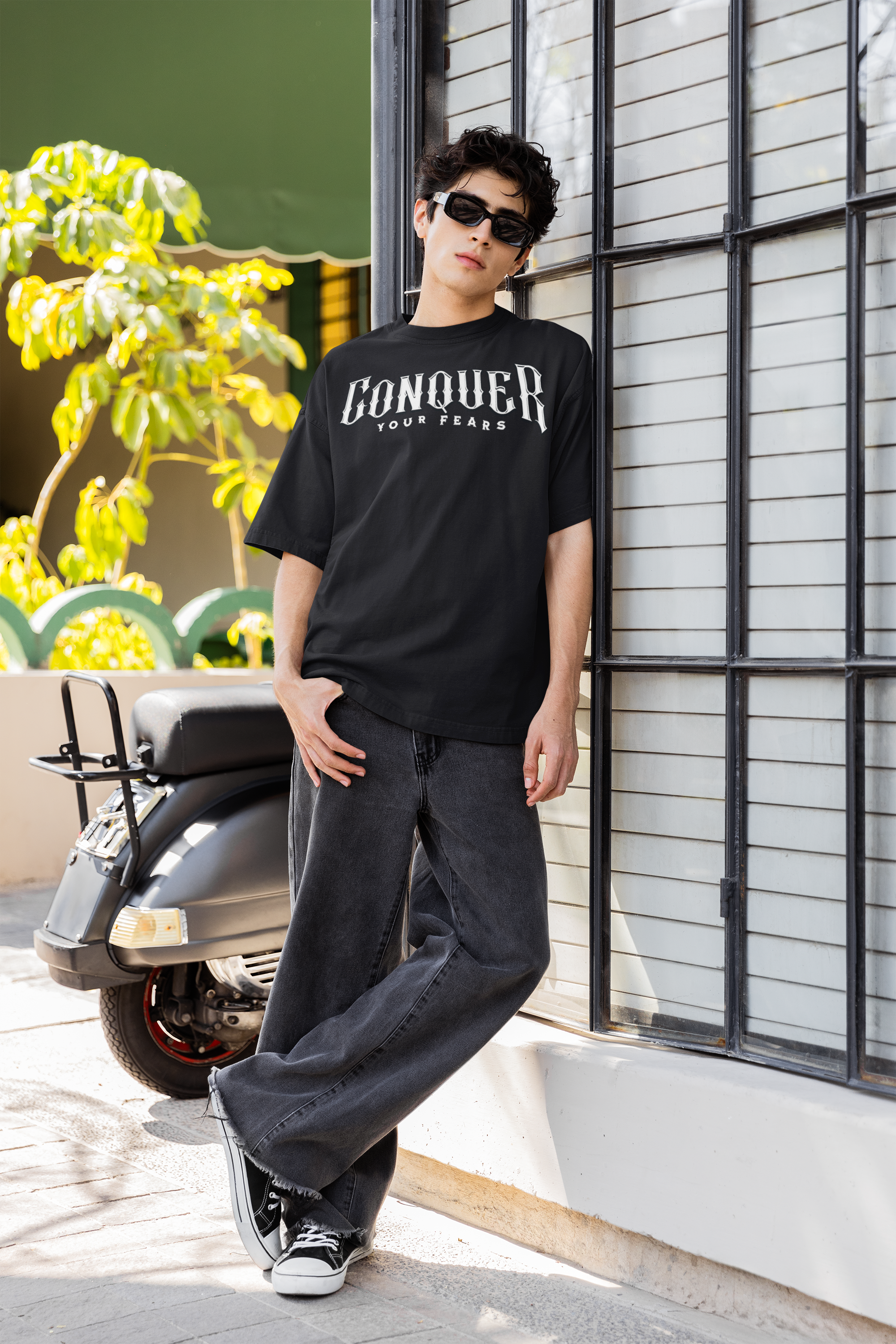 Black Conquer Your Fear Printed Oversized T-Shirt