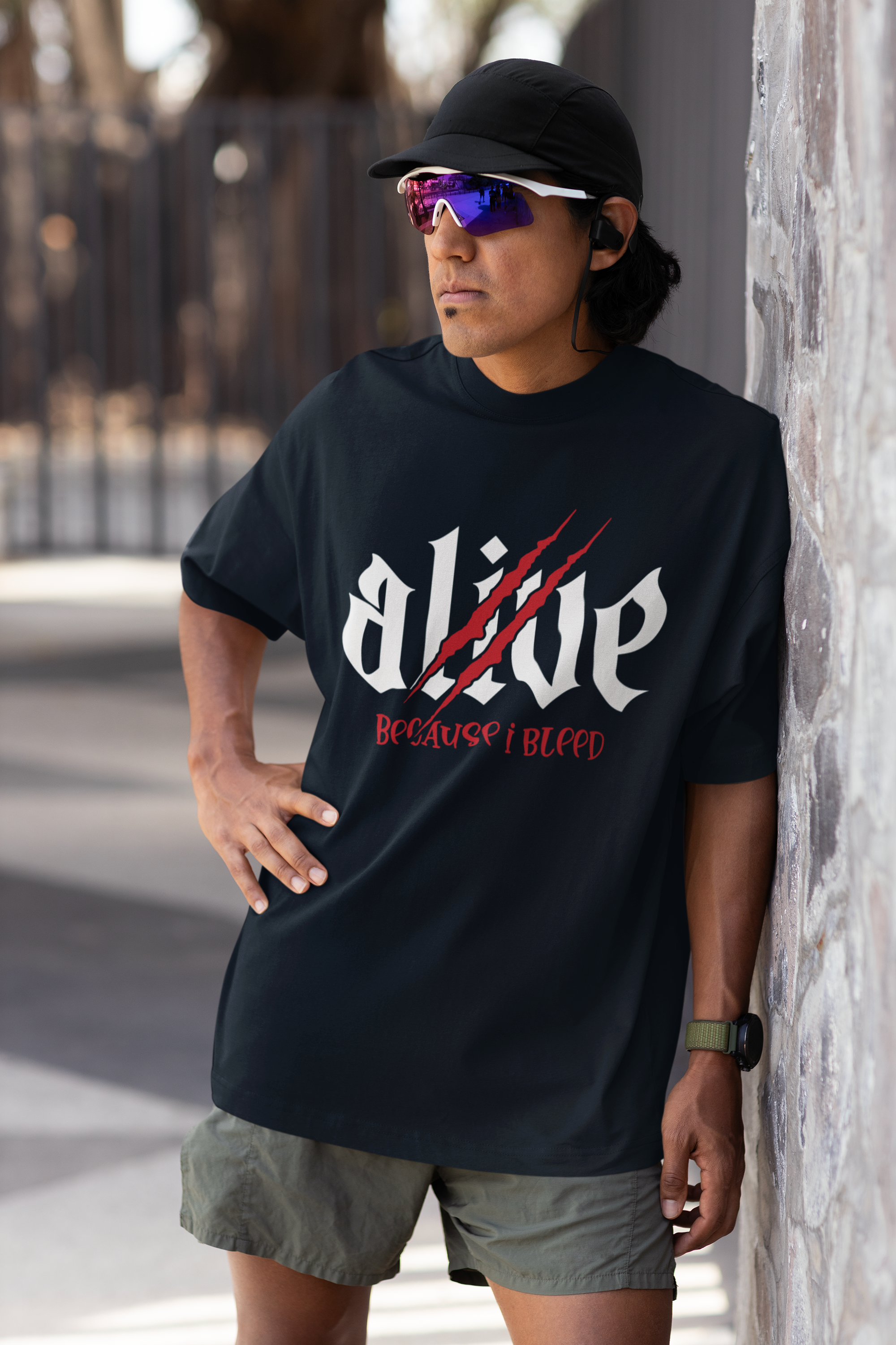 Navy Blue Alive Oversized Typography T-Shirt
