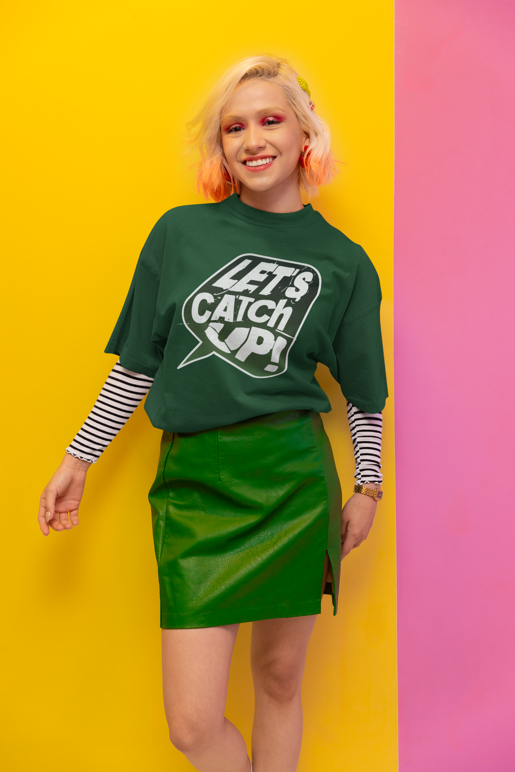 Bottle Green Let's Catchup Typography Oversized T-shirt