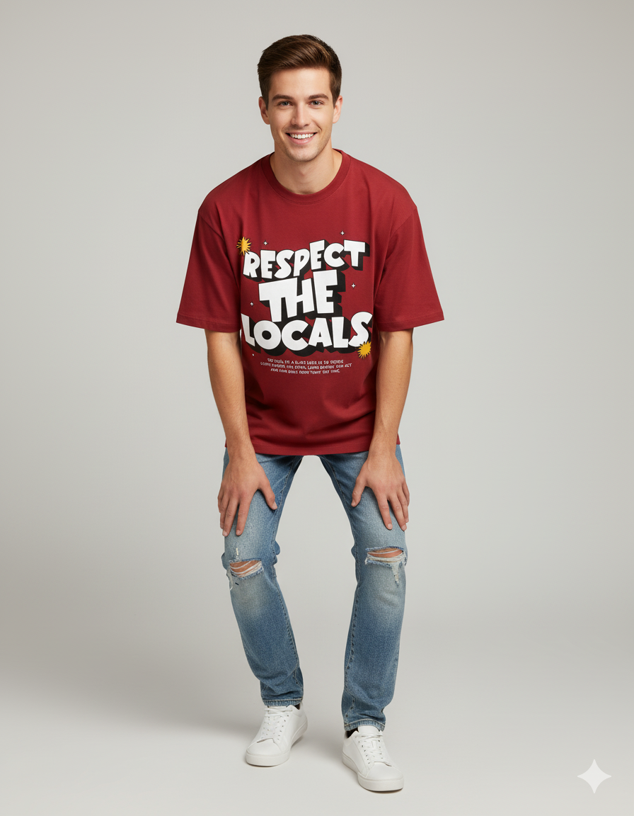Man wearing a red t-shirt with 'Respect the Locals' text on a plain background