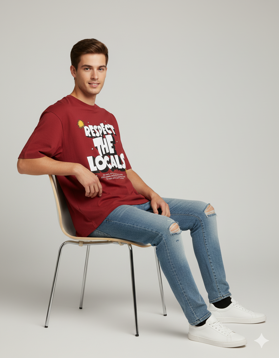Red Respect the Locals Oversized Typography T-Shirt
