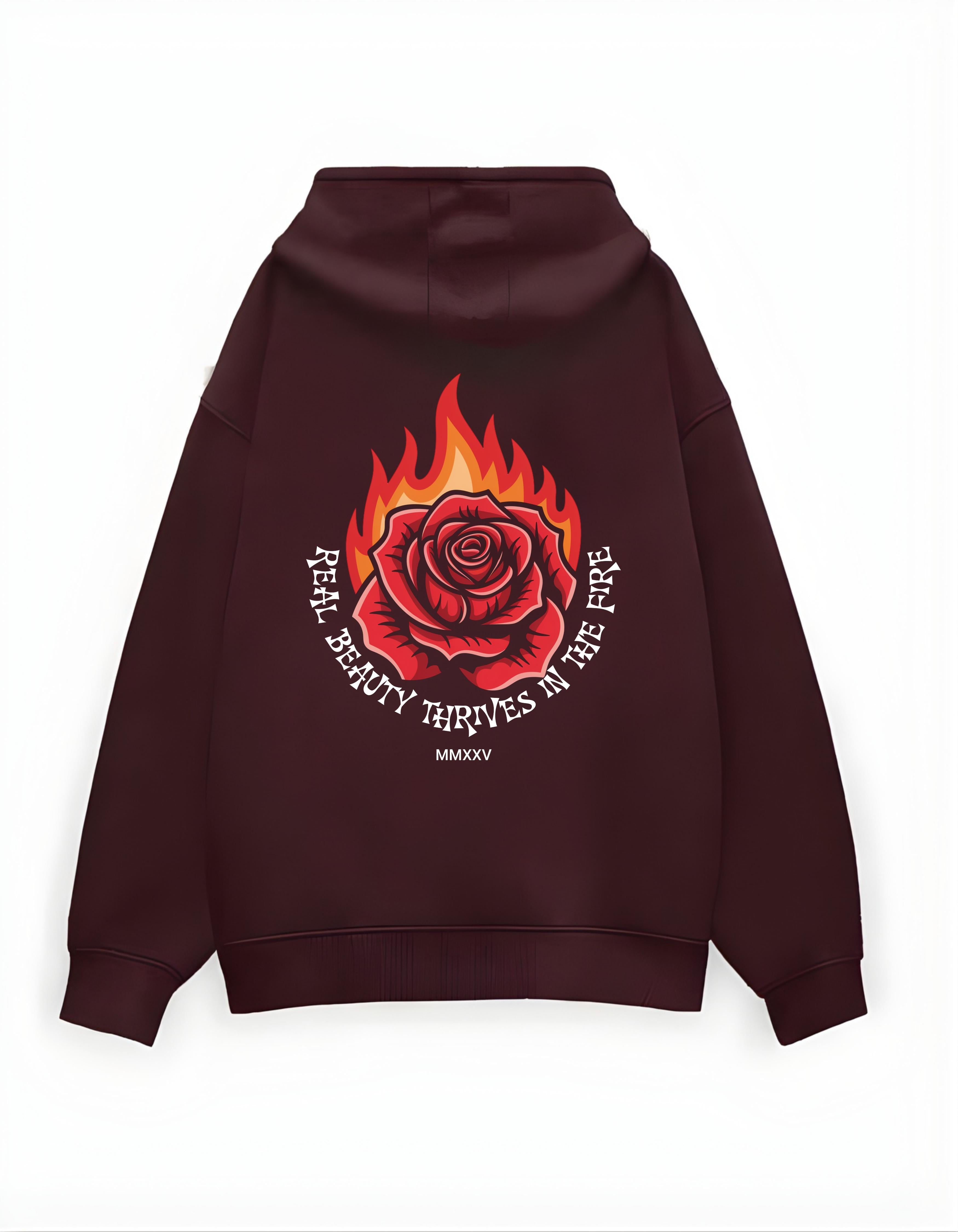 Maroon Rosefire Printed Oversized Hoodie