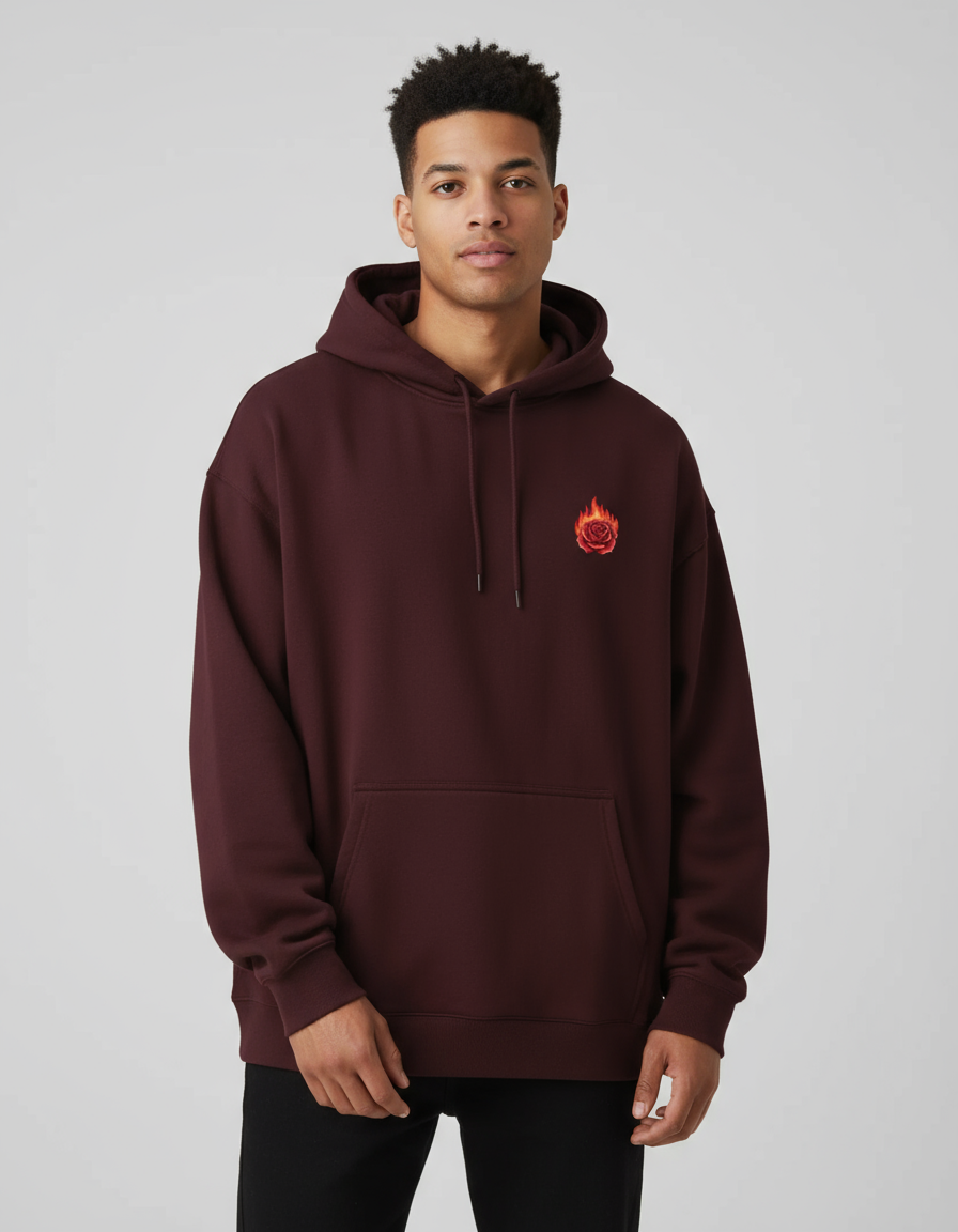 Maroon Rosefire Printed Oversized Hoodie