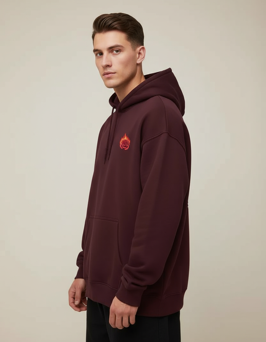 Maroon Rosefire Printed Oversized Hoodie