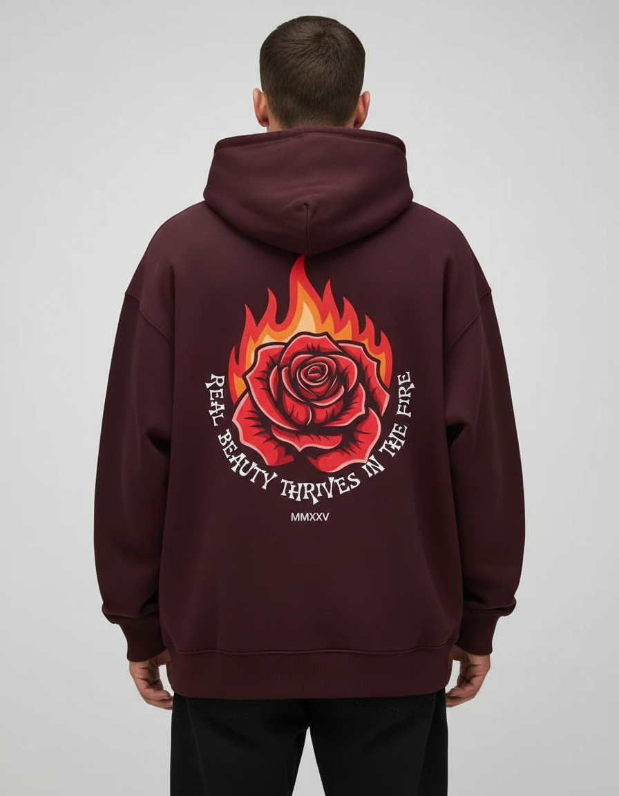 Maroon Rosefire Printed Oversized Hoodie