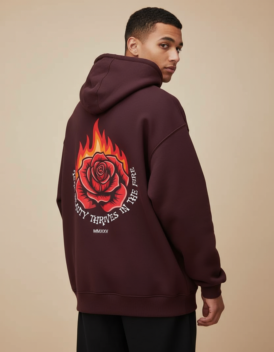 Maroon Rosefire Printed Oversized Hoodie
