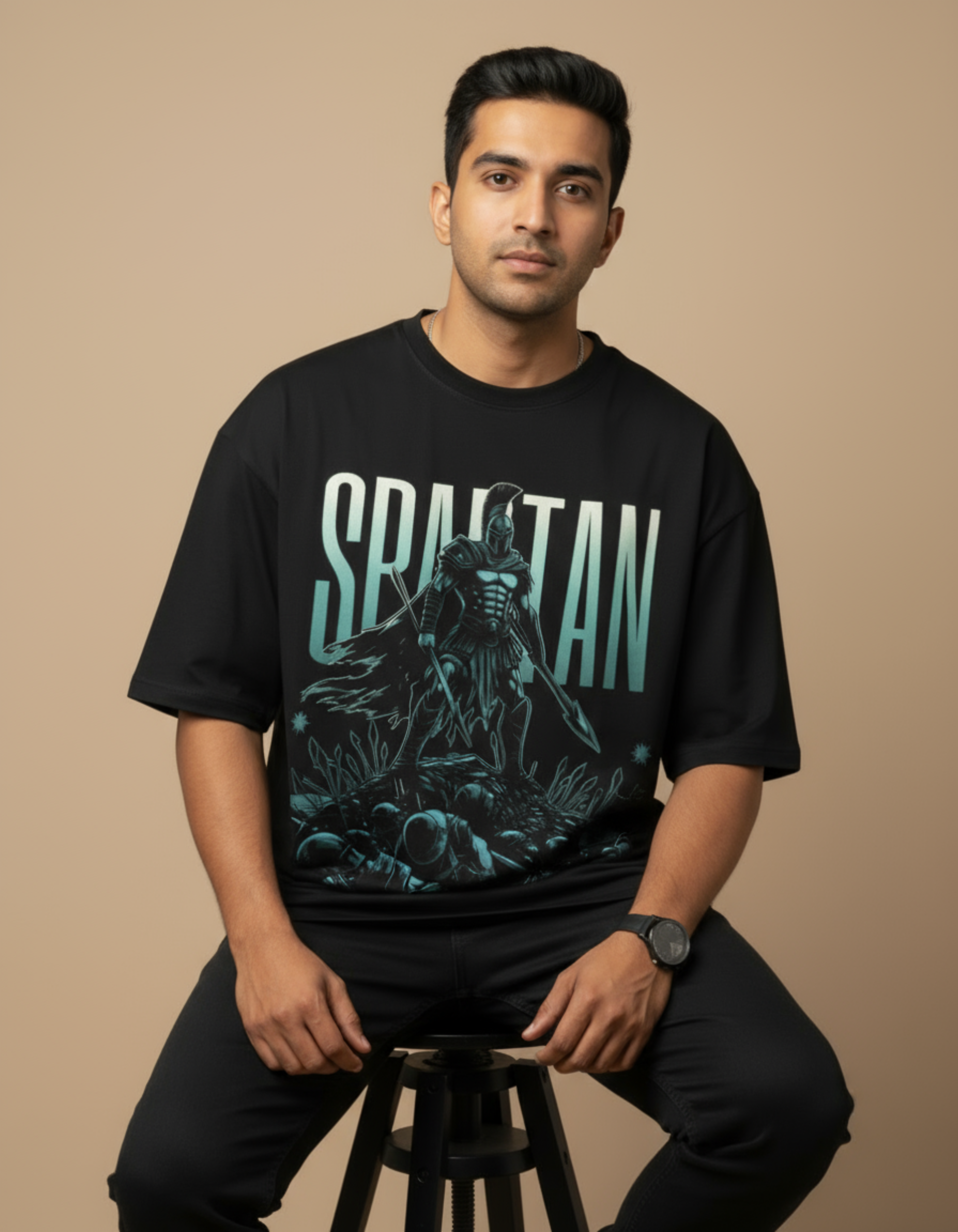 Black Spartan Printed Oversized T-Shirt