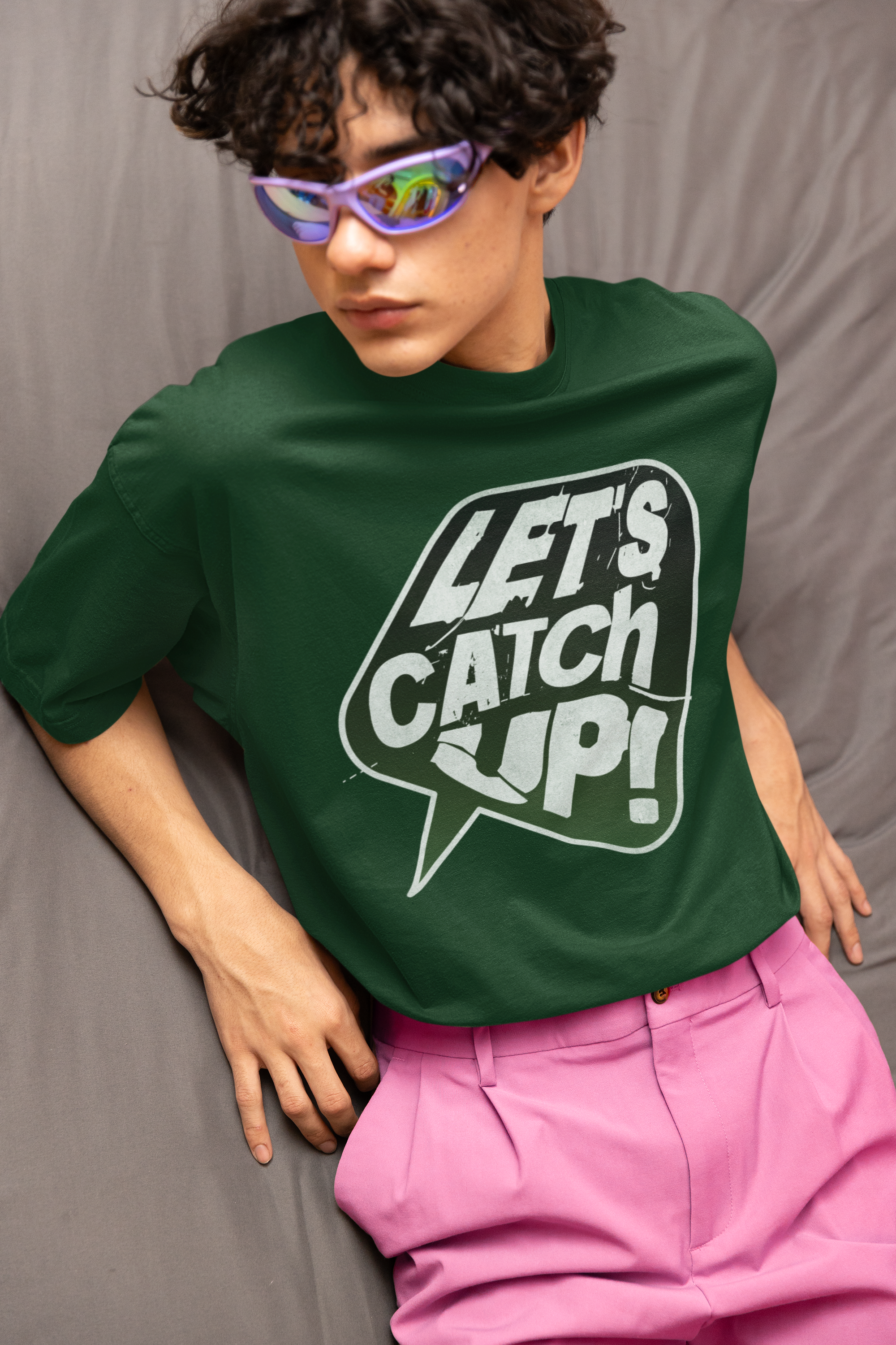 Bottle Green Let's Catchup Typography Oversized T-shirt