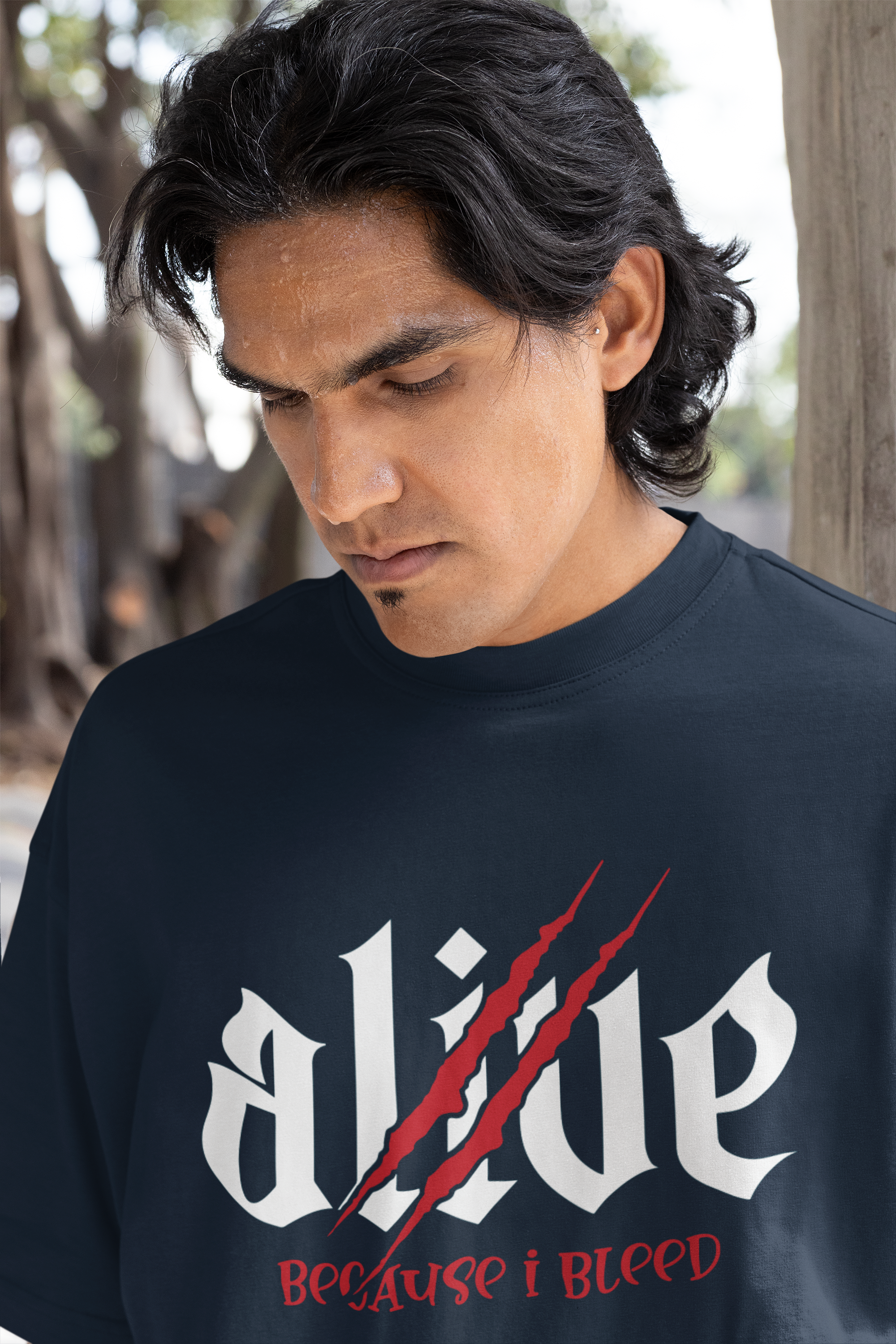 Navy Blue Alive Oversized Typography T-Shirt